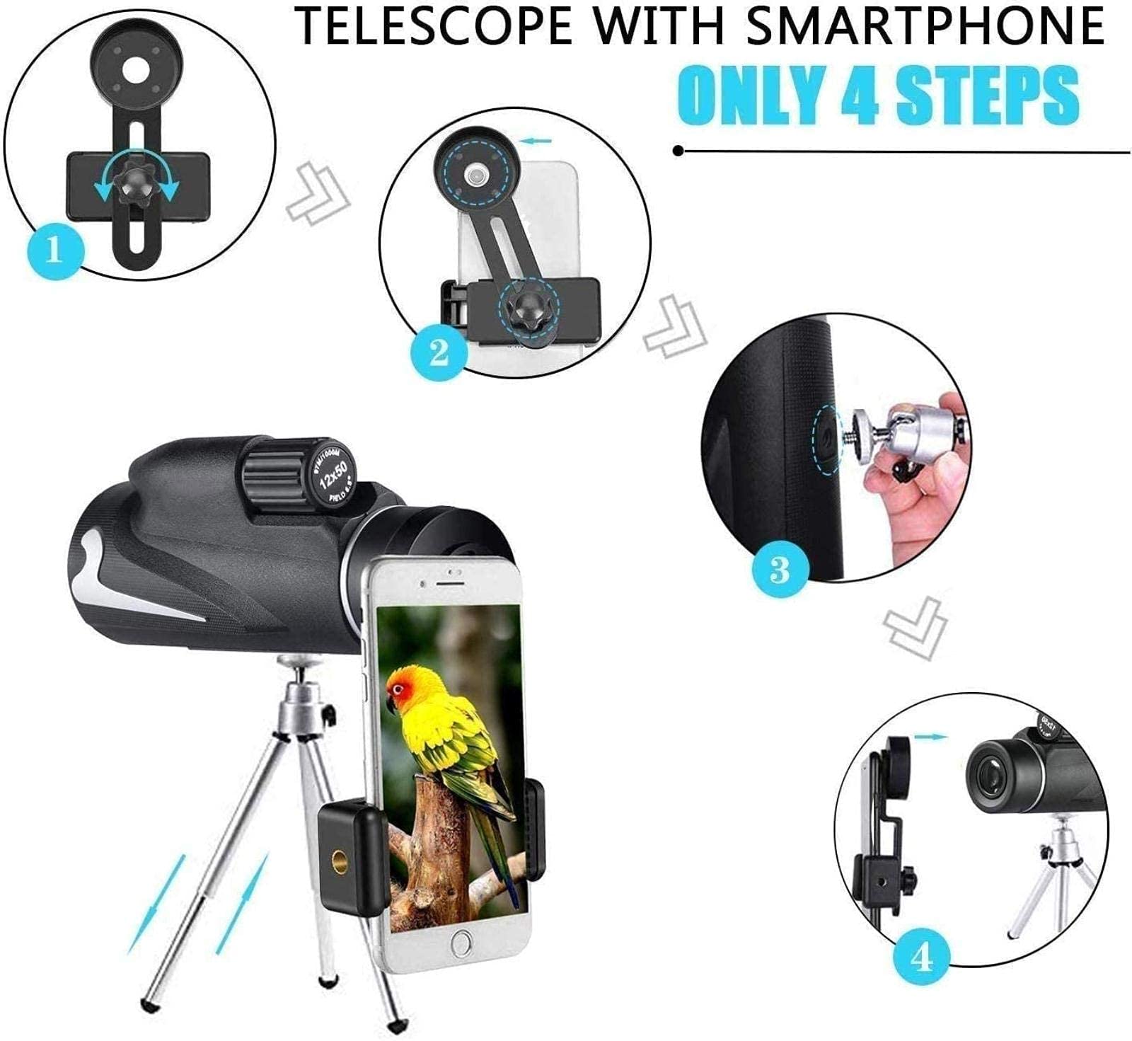 Монокуляр HD 12x50 з утримувачем для смартфона та штативом Водонепроникний, фото №6 Монокуляр HD 12x50 з утримувачем для смартфона та штативом Водонепроникний, фото №6