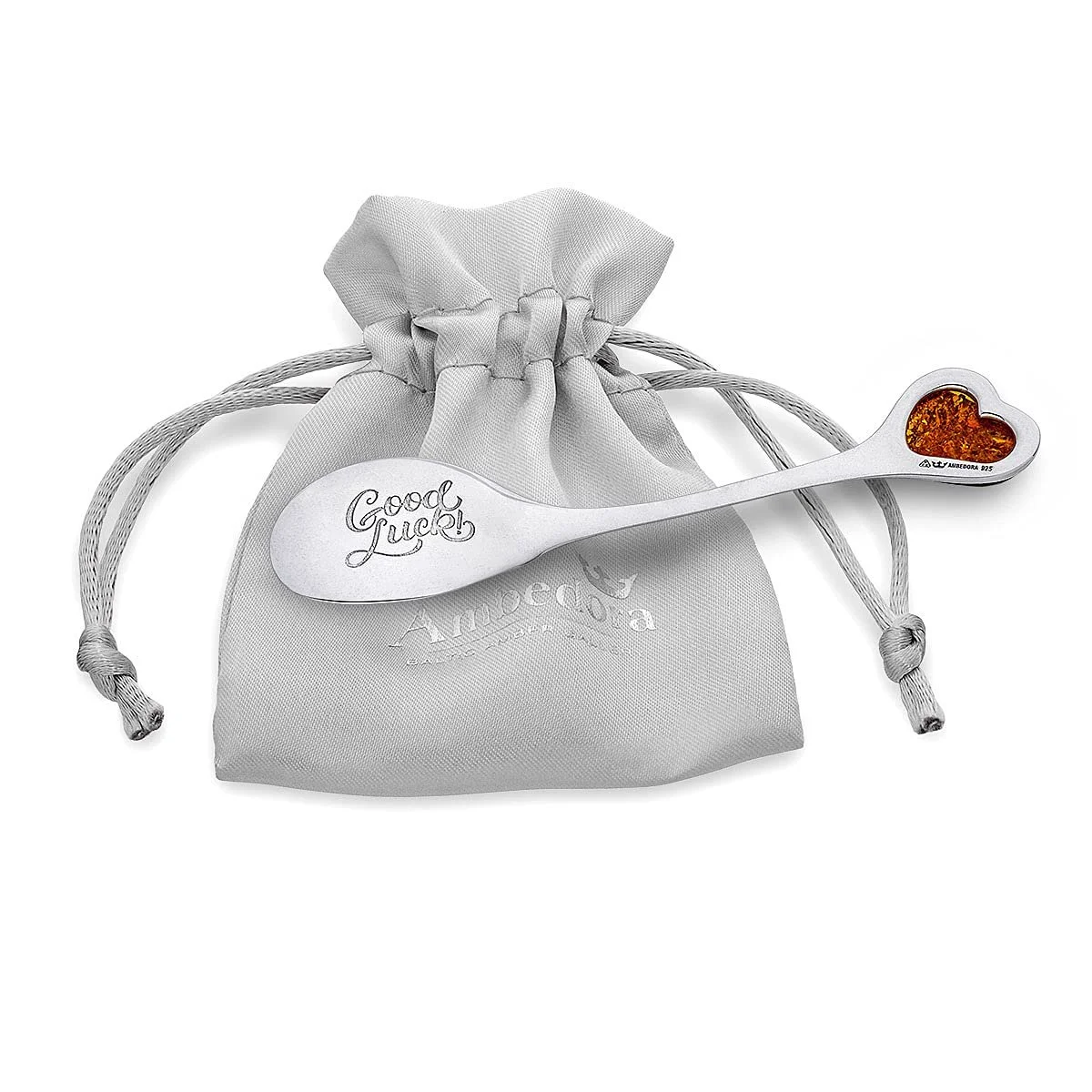 Ложка Сувенірна Good Luck Срібло 925 проби Серце з бурштину L Коньячний колір, фото №4