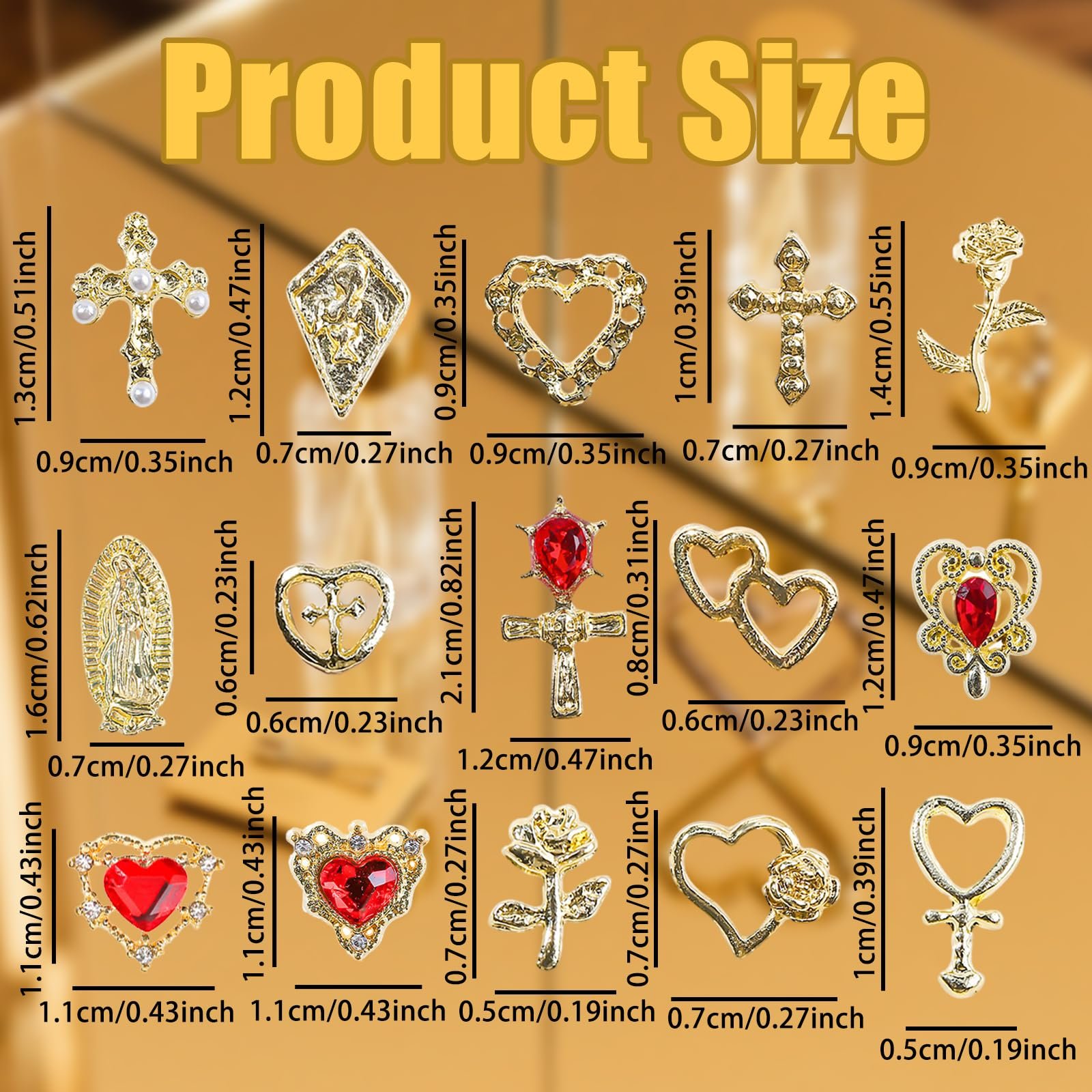 3D Украшения для ногтей Золото, 60 шт Дева Мария, розы, кресты, рубины и сердца, фото №4