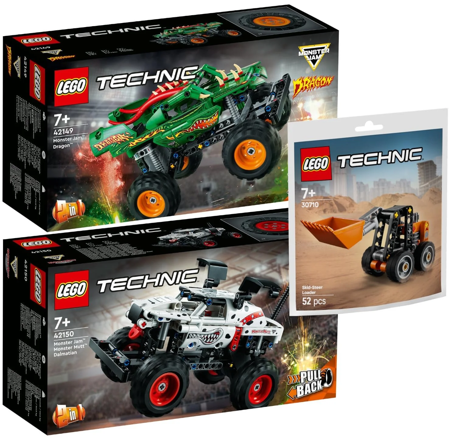 Набір конструкторів Lego Technic: 42149 Monster Jam Dragon, 42150 Monster Jam Monster Mutt Dalmatian & 30710 Skid Steer Loader, фото №1