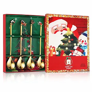 Набор Рождественских Ложек, 4 шт, Нержавеющая Сталь, 145 см, Зеркальная Полировка, Ложка для Десерта/Кофе, с Подвесками в виде Рождественской Елки/Лося/Венка/Санты - Фото 1