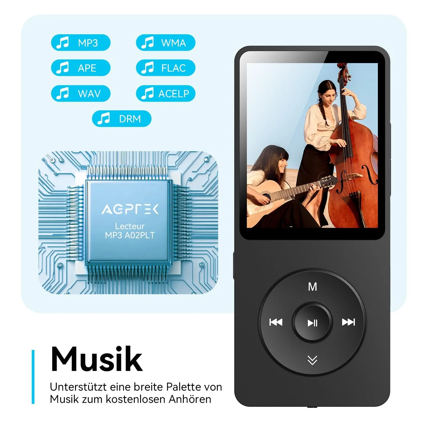 MP3-плеєр AGPTEK 64 ГБ Bluetooth 5.3 зі спікером, 40 годин роботи від батареї, маленький і класичний спортивний MP3 з екраном 1,8 дюйма, FM-радіо (без навушників), Чорний, фото №7