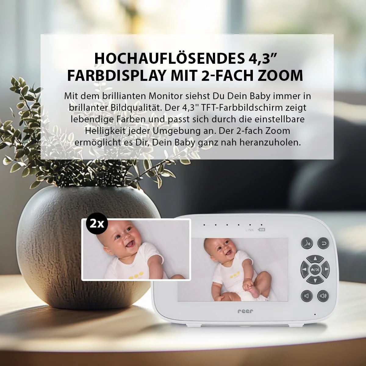 Відеоняня reer BabyCam XL Move 4.3" TFT 300 м Панорама та нахил Біла, фото №4 Відеоняня reer BabyCam XL Move 4.3" TFT 300 м Панорама та нахил Біла, фото №4