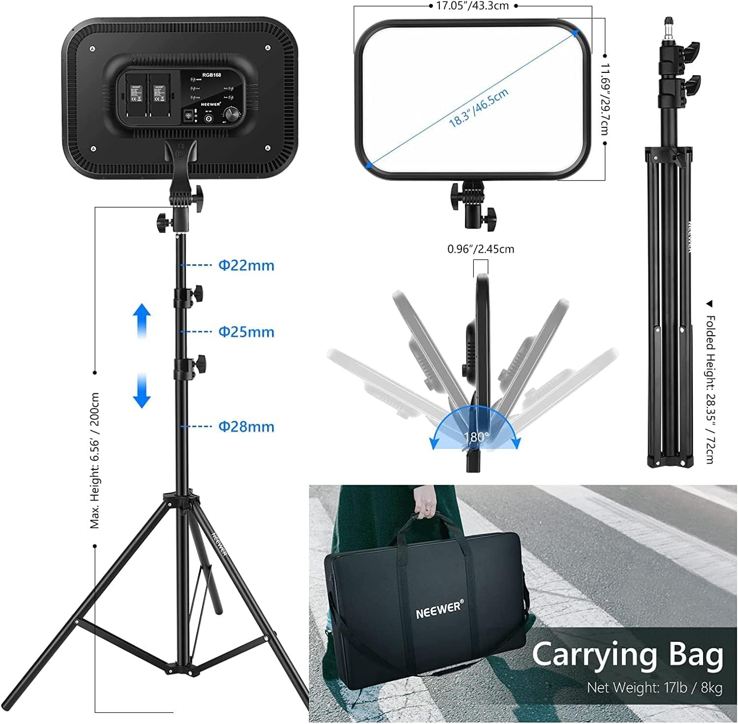 Комплект студійного світла Neewer RGB168 LED-панель 60Вт / Full RGB Spectrum / 2500K-8500K / Керування через Bluetooth / CRI 97+, фото №8