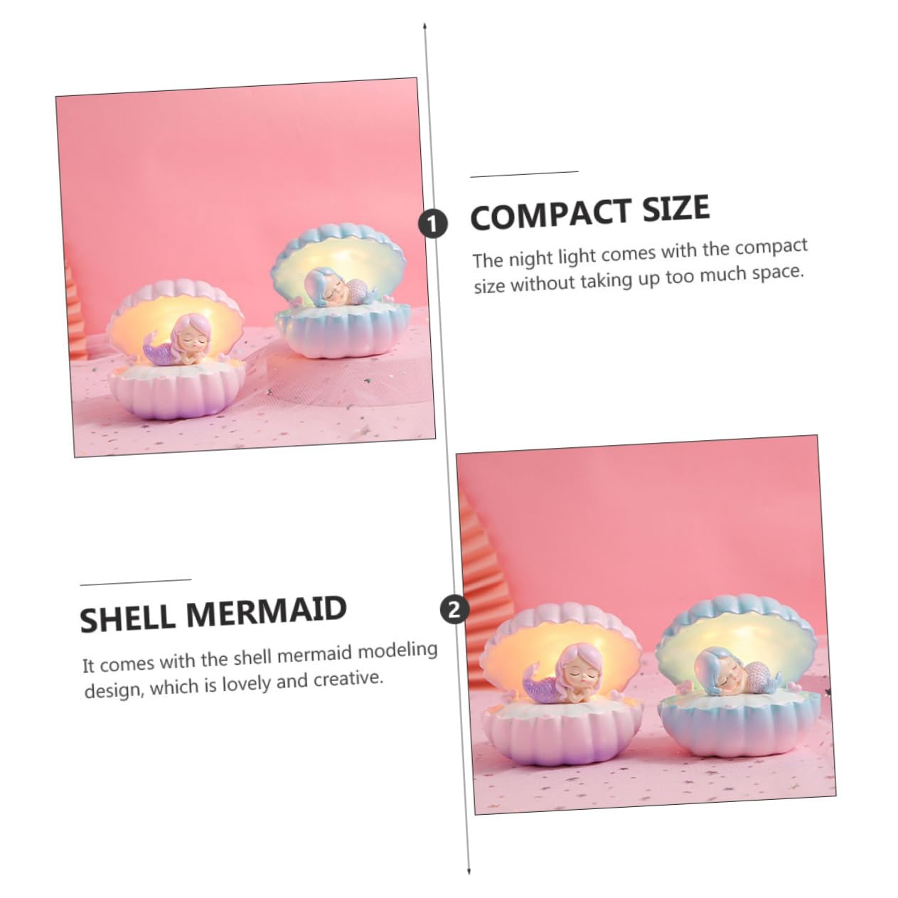 Набор OSALADI 2 Русалка Звёздный свет Русалка Ночник Настольный декор Свет Лампы для спальни Ракушка Жемчуг Светодиодная Декоративная лампа для спальни Дом Розовый Смола, фото №5
