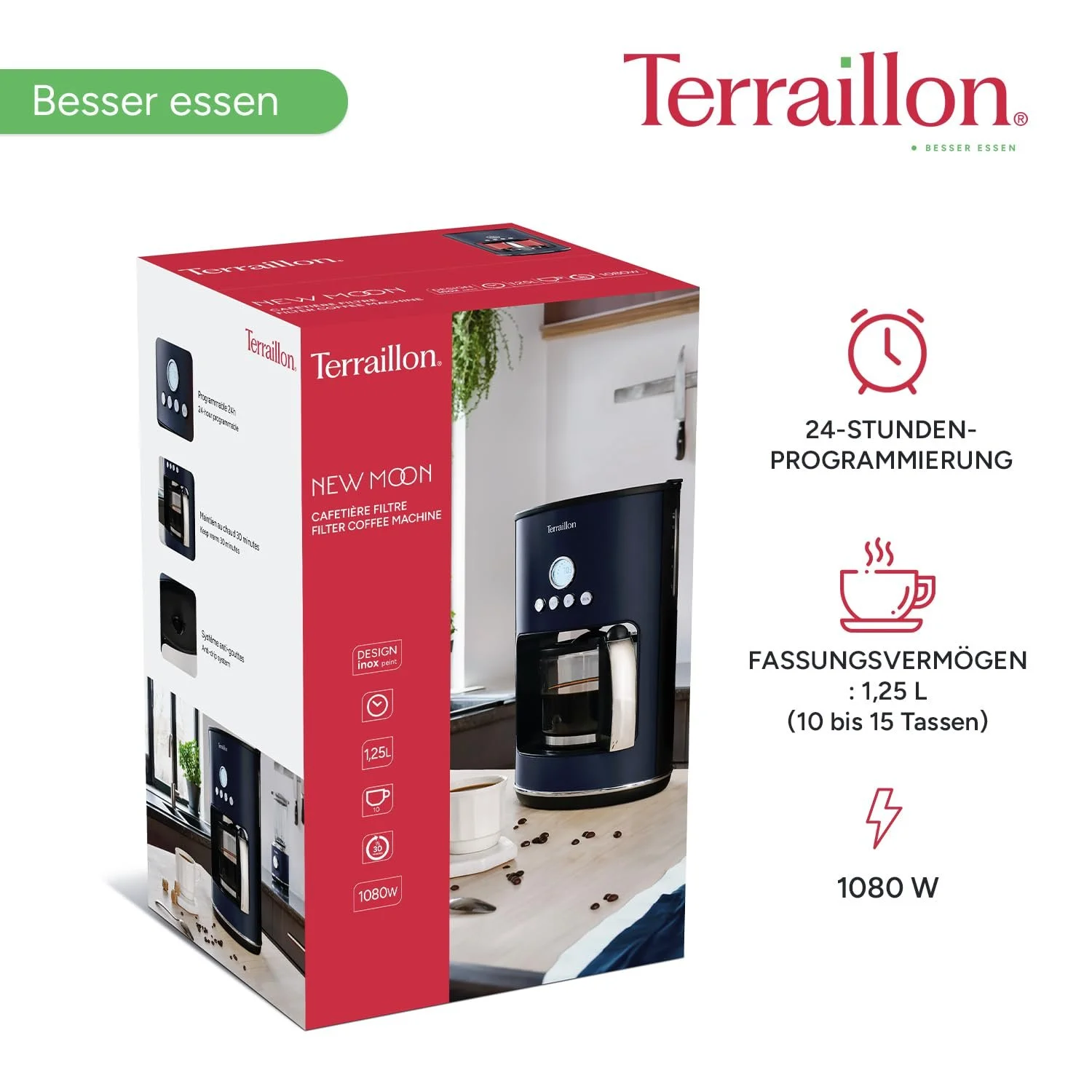 Кофеварка капельная Terraillon New Moon программируемая 1080 W 1.25 L синяя, фото №6