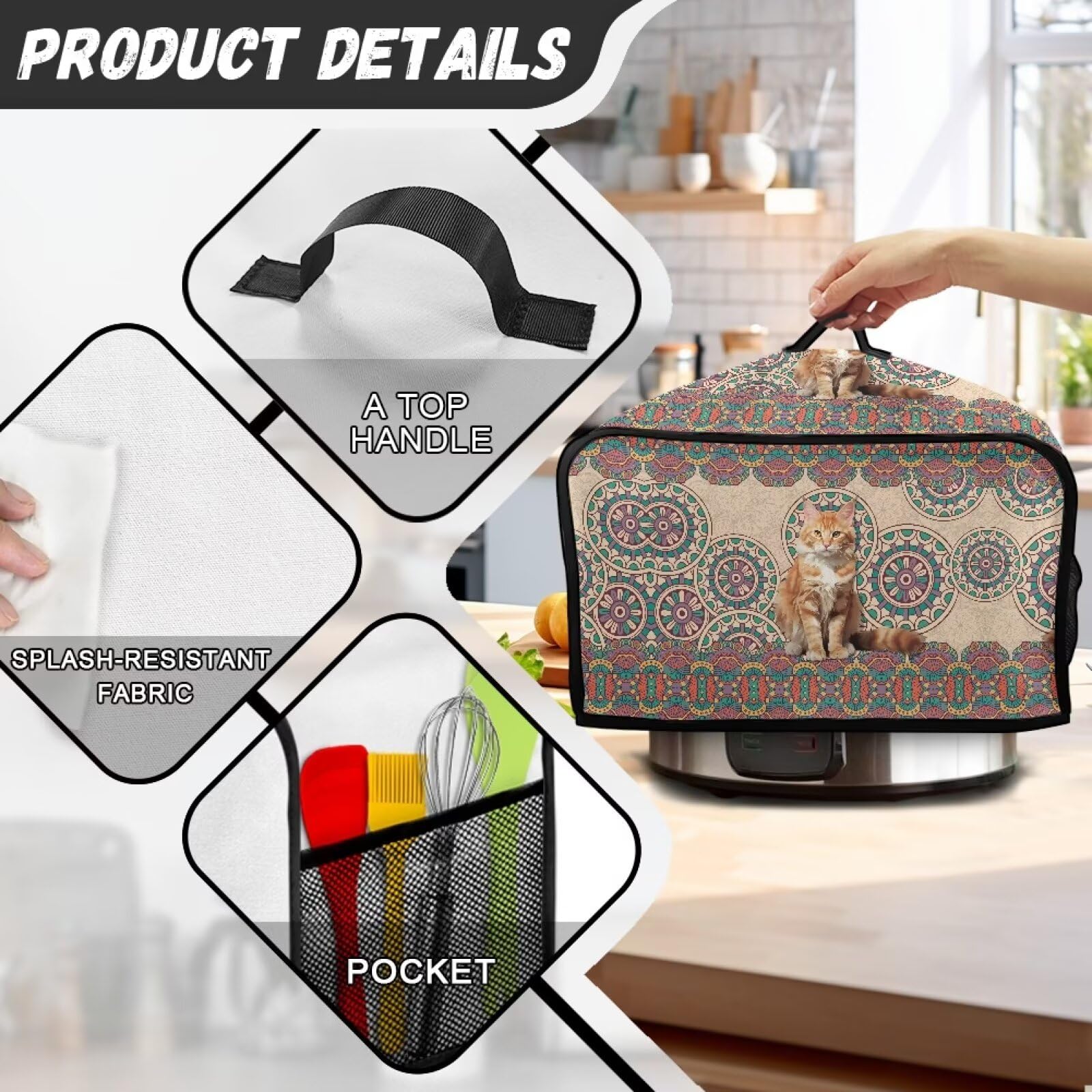 Чехол ZIATUBLES Slow Cooker для Crock Pot Air Fryer Boho Mandala American Cat Чехол-мешок Slow Cooker стойкий к пятнам с верхней ручкой и сетчатым карманом, фото №7
