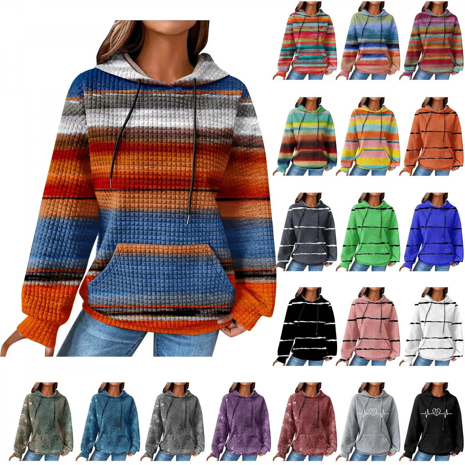 Женская Толстовка с капюшоном в полоску Вафельный Цветной блок Зимняя с длинными рукавами Модный Пуловер Легкая Большие Размеры Свободные Топы Карман Шнурок Капюшон, фото №2