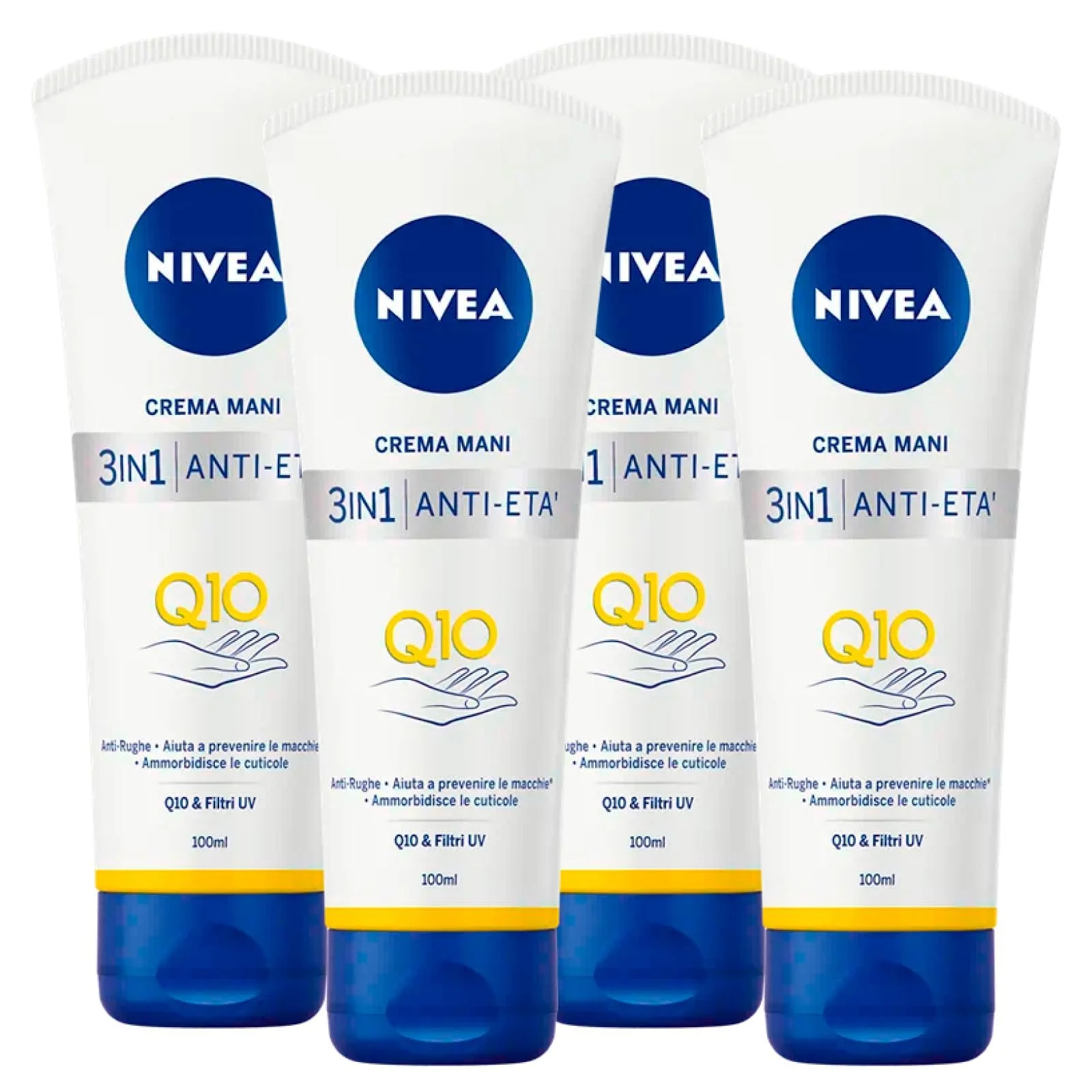 Крем для рук Nivea 3-в-1 Anti-Age Q10 & UV Filter Увлажняющий 4 флакона по 100 мл, фото №1