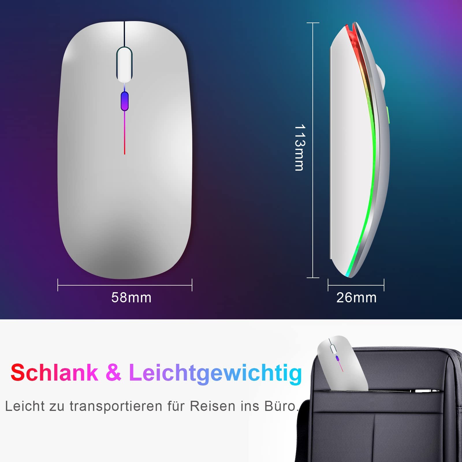 Мышь Bluetooth Беспроводная (Bluetooth 5.1 + USB 2.4 GHz) LED Двухрежимная Перезаряжаемая Оптическая Офисная Беспроводная Мышь для Ноутбука MacBook Air Pro, iPad, ПК, Компьютера, Настольного компьютера, Мышь с Адаптером USB C, фото №6