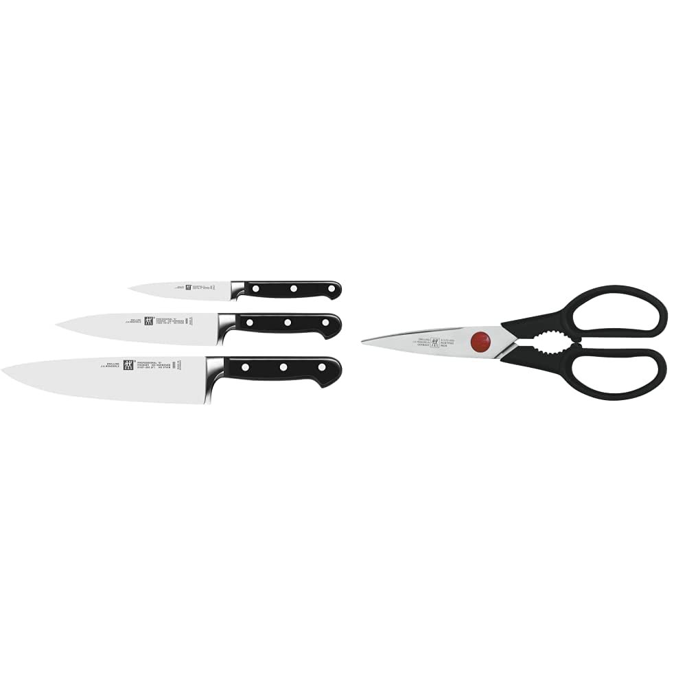 Набор ножей Zwilling Professional S, 3 шт., специальная сталь/пластиковая ручка с заклепками, черный и универсальные ножницы Twin L, длина: 21 см, специальная нержавеющая сталь/пластик, черный, фото №1