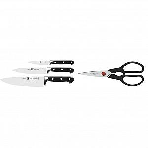 Набор ножей Zwilling Professional S, 3 шт., специальная сталь/пластиковая ручка с заклепками, черный и универсальные ножницы Twin L, длина: 21 см, специальная нержавеющая сталь/пластик, черный - Фото 1