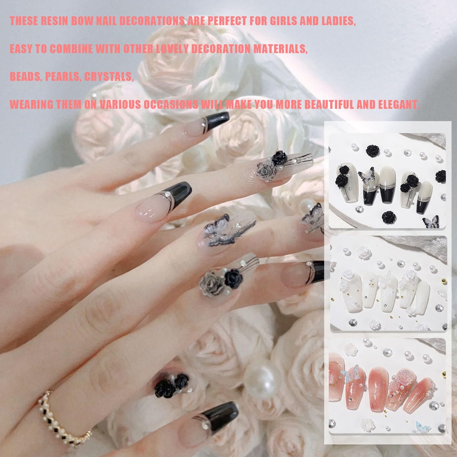 3D Квітка Підвіски для нігтів, Білий Чорний Прозорий, фото №6