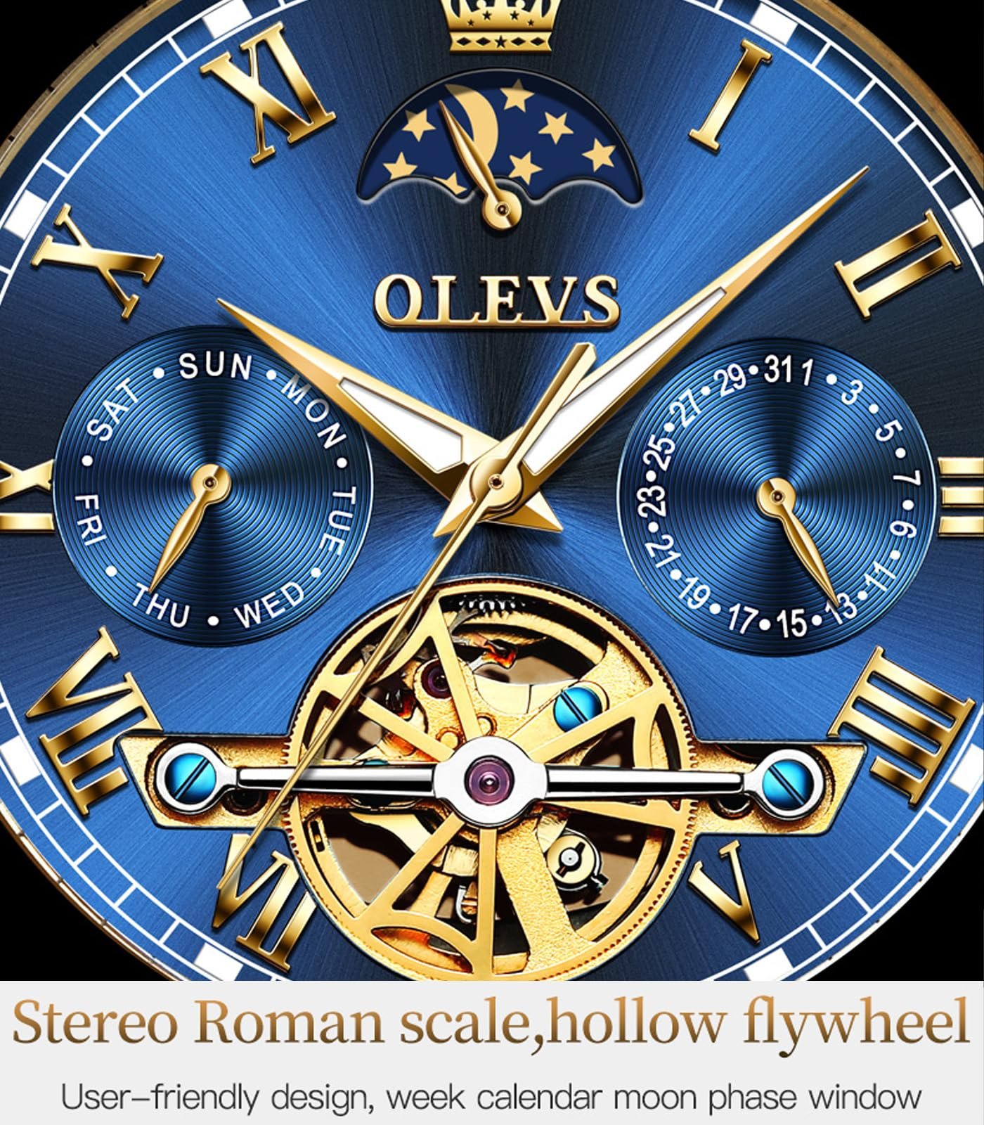 Чоловічий годинник OLEVS Automatic з автопідзаводом, скелетон, турбійон, нержавіюча сталь, фото №2