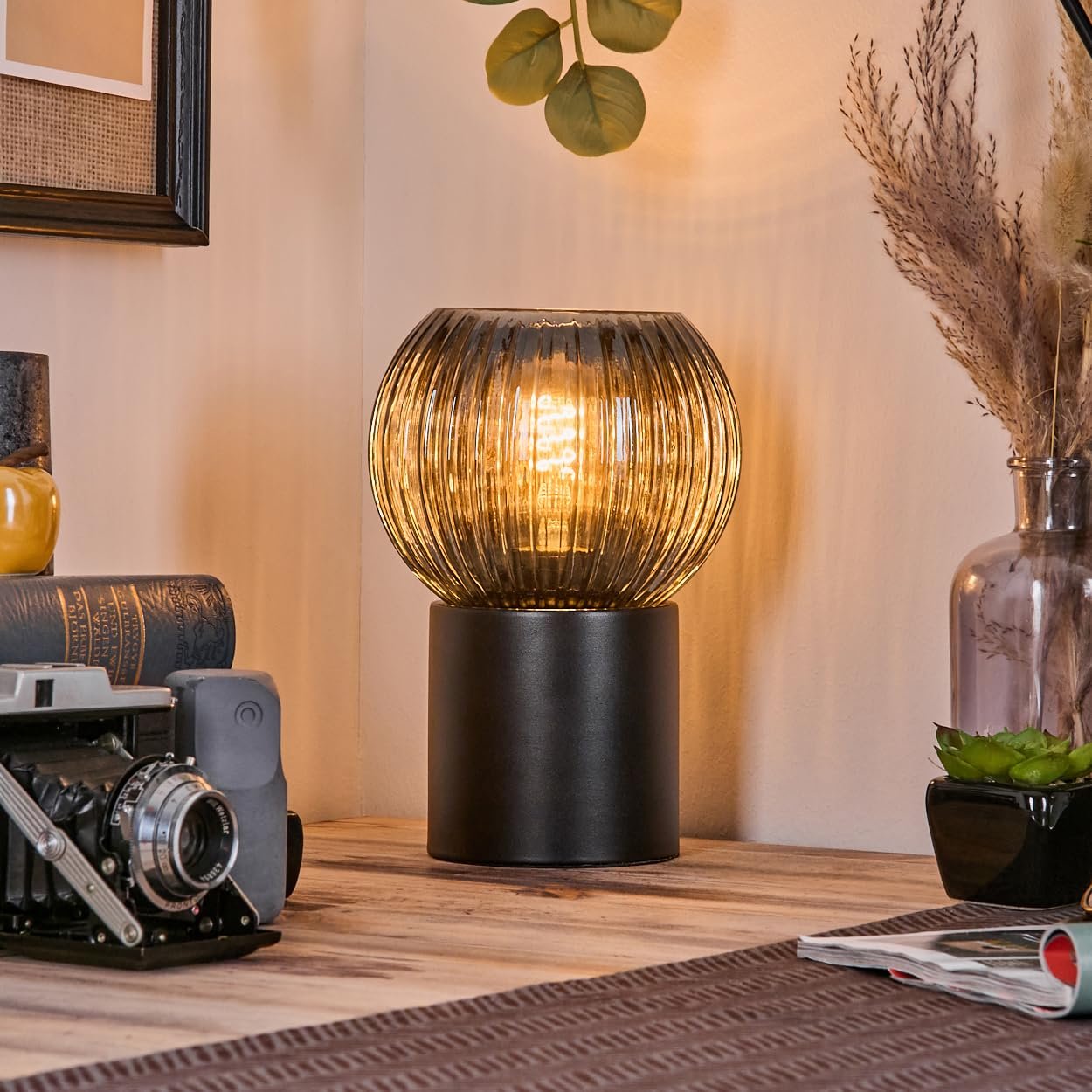 Настільна лампа HOFSTEIN Koyoto метал / рифлене скло 15 см E27 Чорний/Синій, фото №7