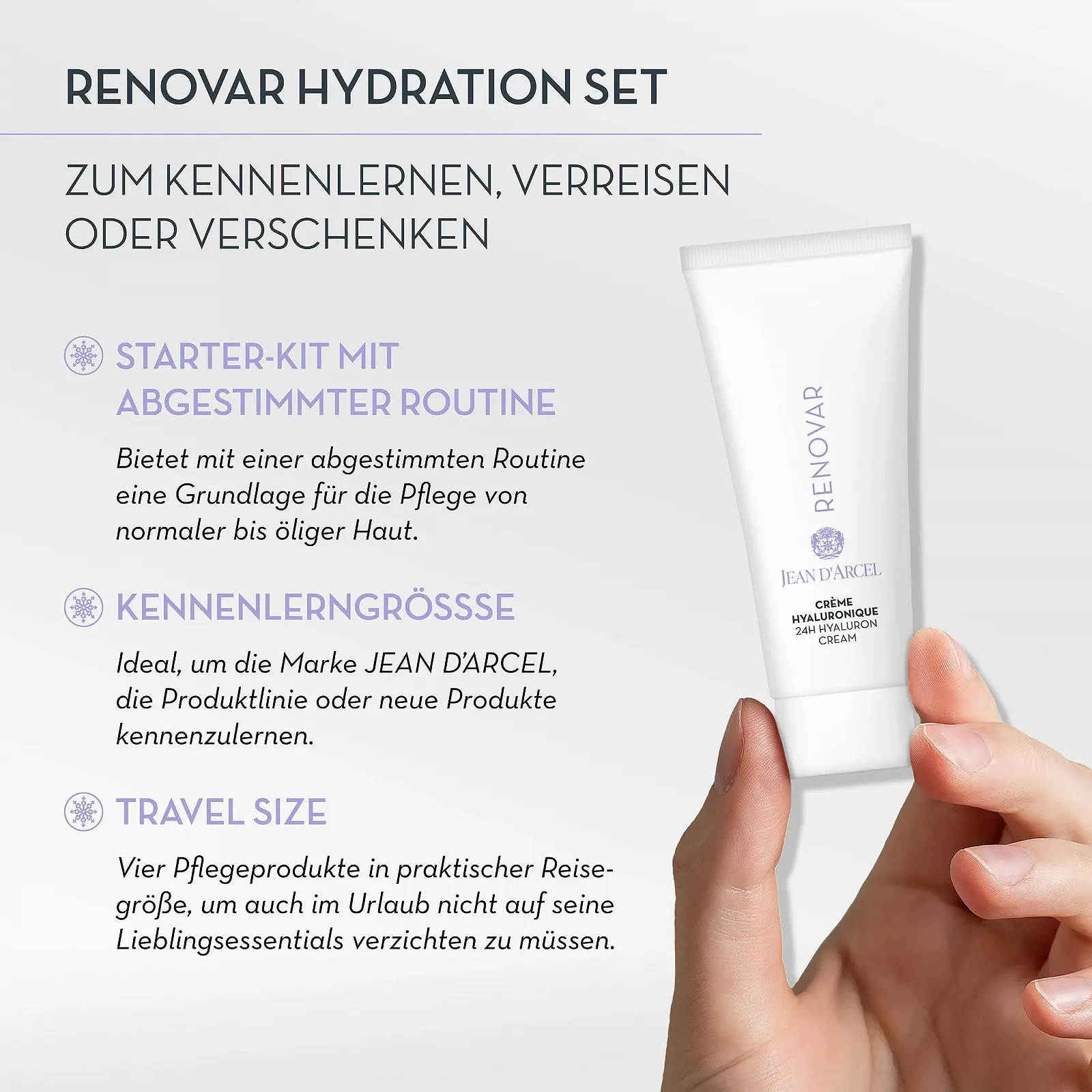 Набір косметики (мініатюри) JEAN D'ARCEL Renovar Hydration: гель для вмивання (20 мл), сироватка (10 мл), крем для очей (7.5 мл) та крем для обличчя (20 мл), фото №2