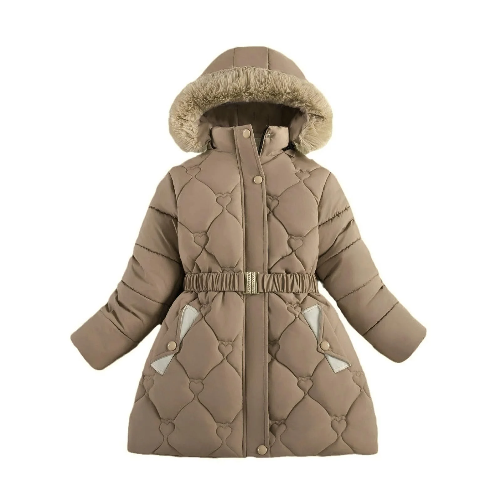 Зимняя куртка для девочек-подростков Generisch с капюшоном и поясом, утепленная толстая пуховая куртка, водонепроницаемая длинная куртка-пуховик, мягкий флис для активного отдыха, фото №1