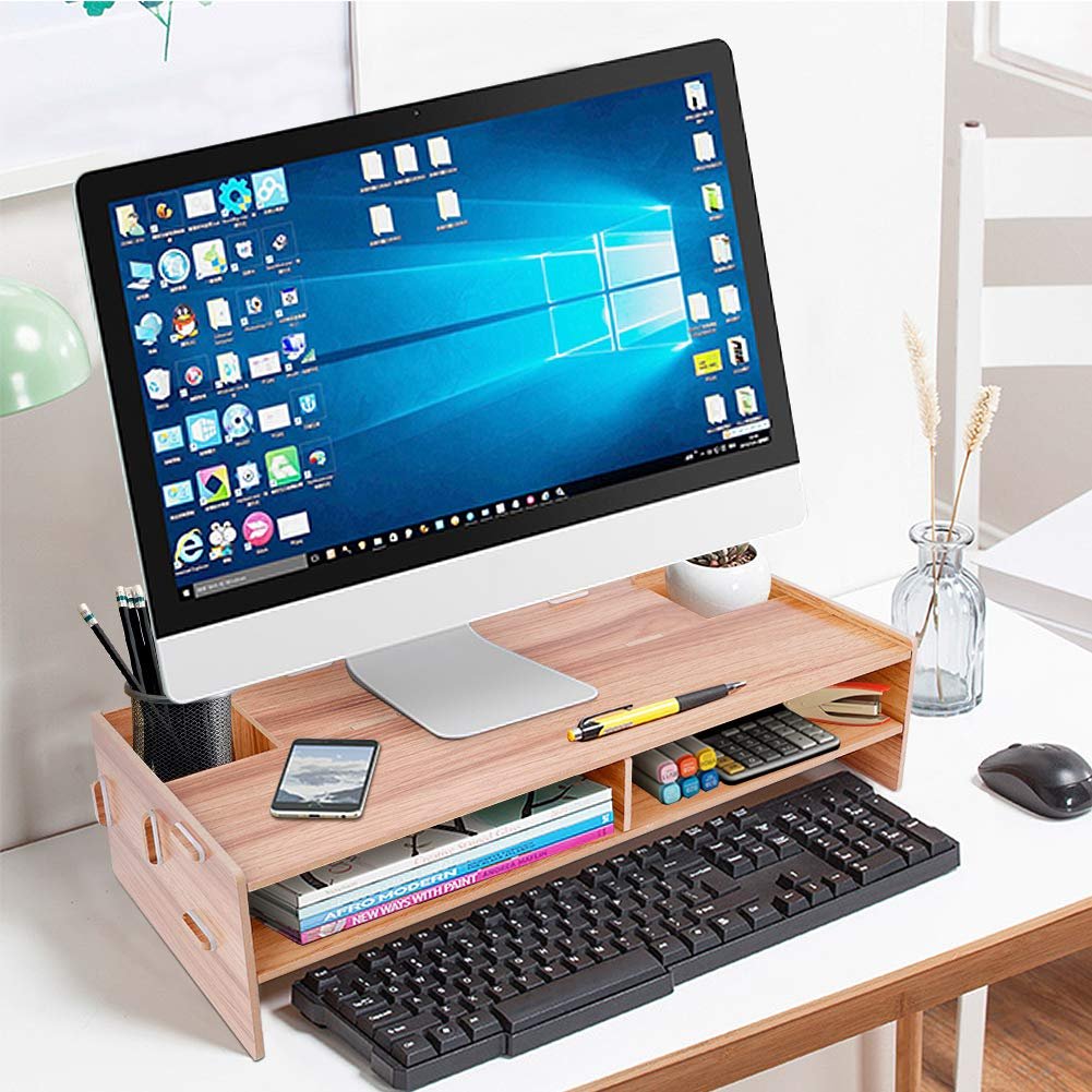 Підставка для монітора дерев'яна з відділеннями, для клавіатур, мобільних телефонів, ергономічна, фото №2