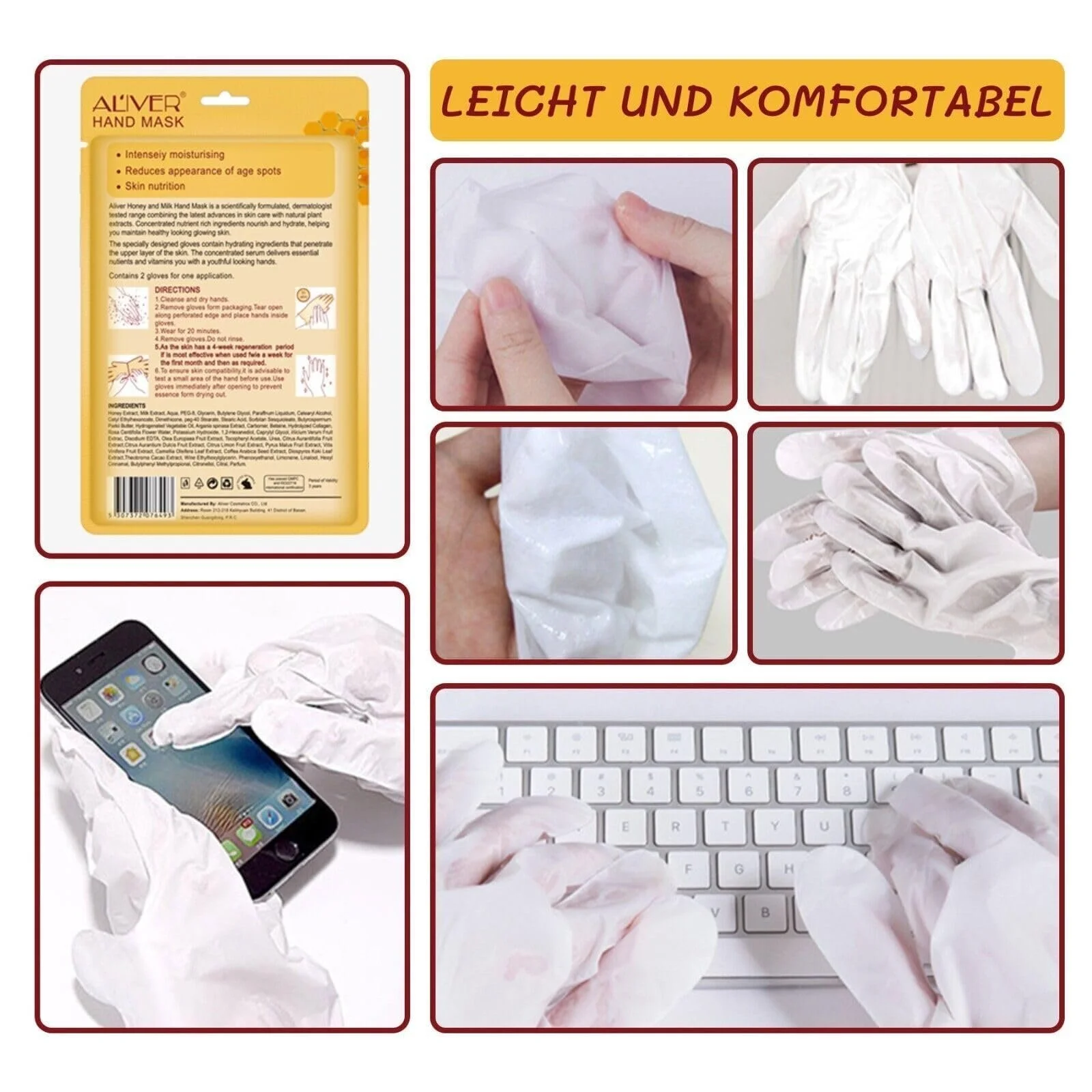 Маска для рук P-Beauty 5 пар с экстрактом меда и молока | Отшелушивающая маска | Крем и уход за руками | Антивозрастной эффект | Увлажняющие перчатки с витаминами, минералами и коллагеном | Для сухой, потрескавшейся кожи рук, фото №7