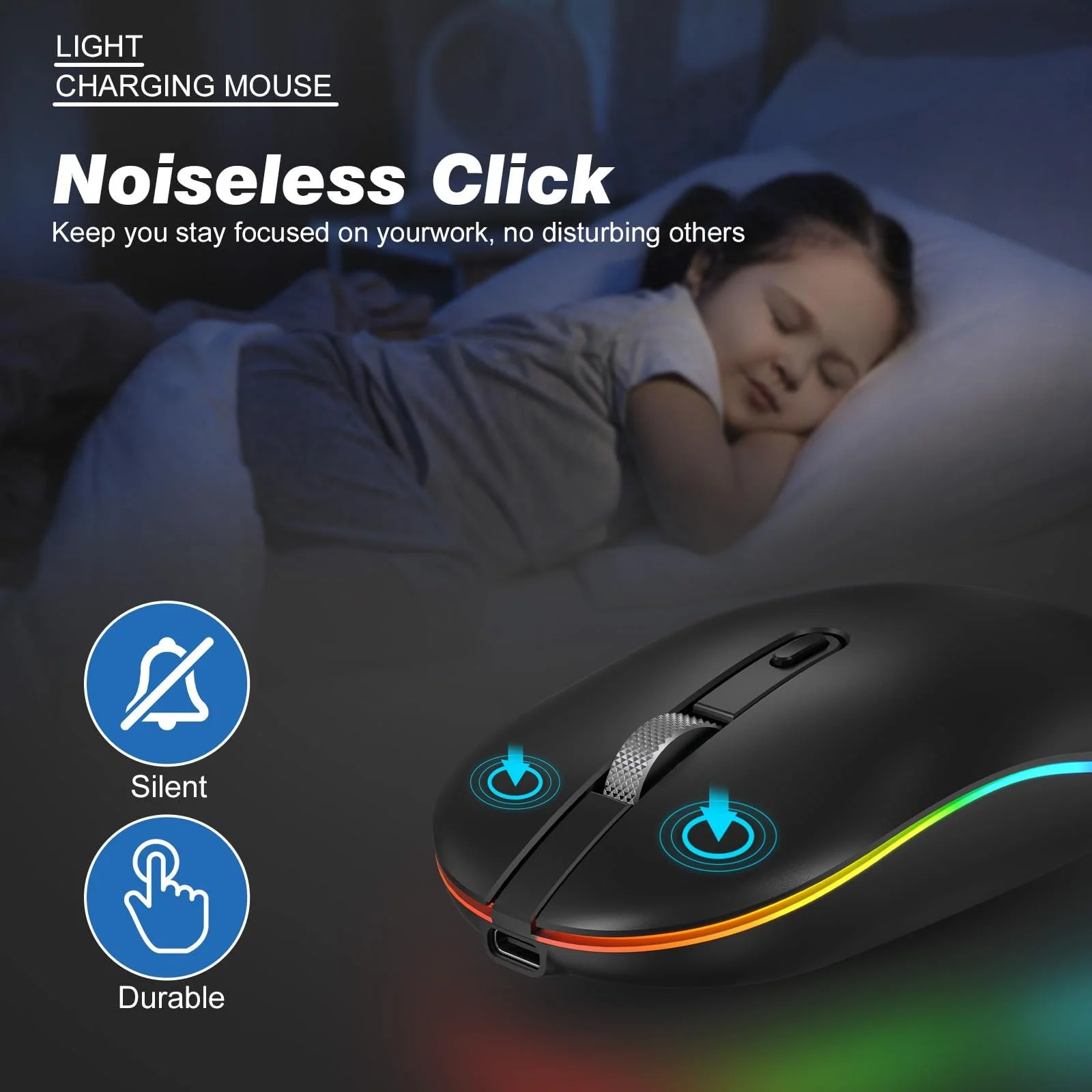 Мышь RaceGT Беспроводная Перезаряжаемая 2.4GHz LED Беспроводная USB-A & Type-C Приемник Тихая 3 Регулируемых Уровня DPI с Переключателем Включения/Выключения, фото №4