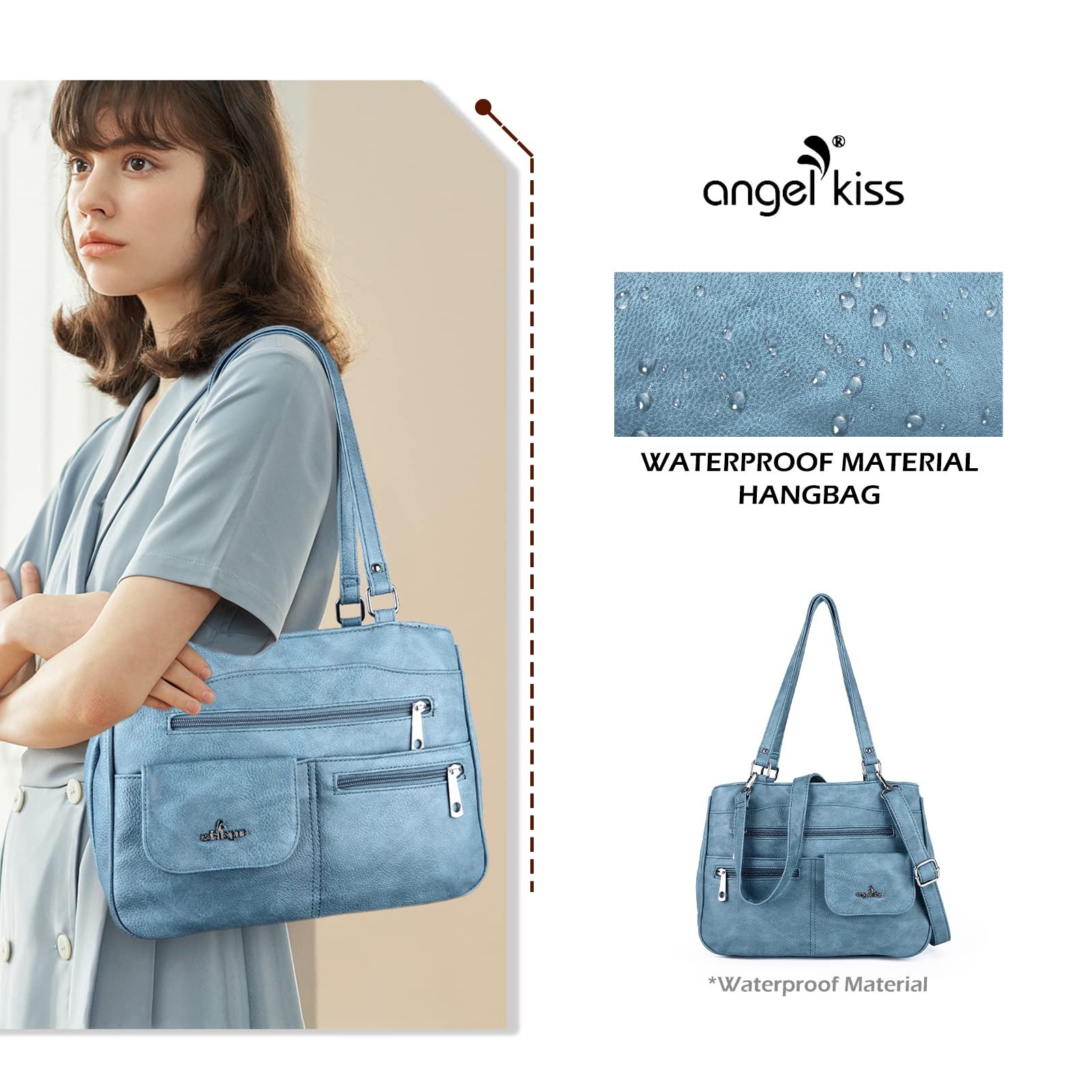 Сумка з ручкою Angel Kiss зі шкіри, світло-блакитна, модна, фото №1
