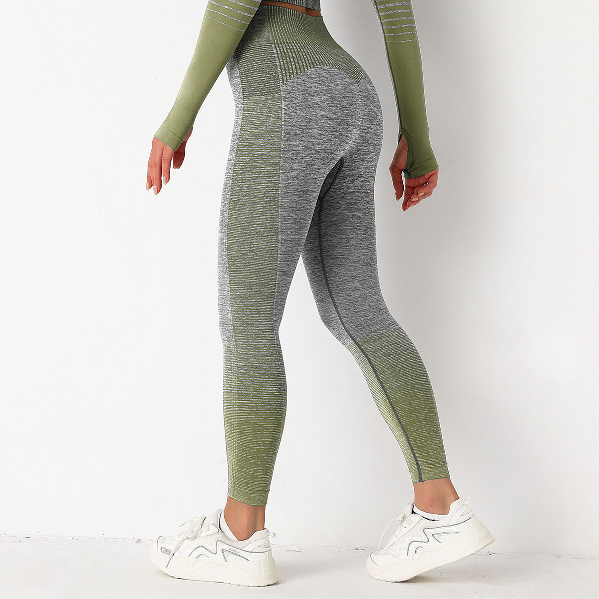 Леггинсы женские спортивные 9657 M серые с зеленым, фото №6
