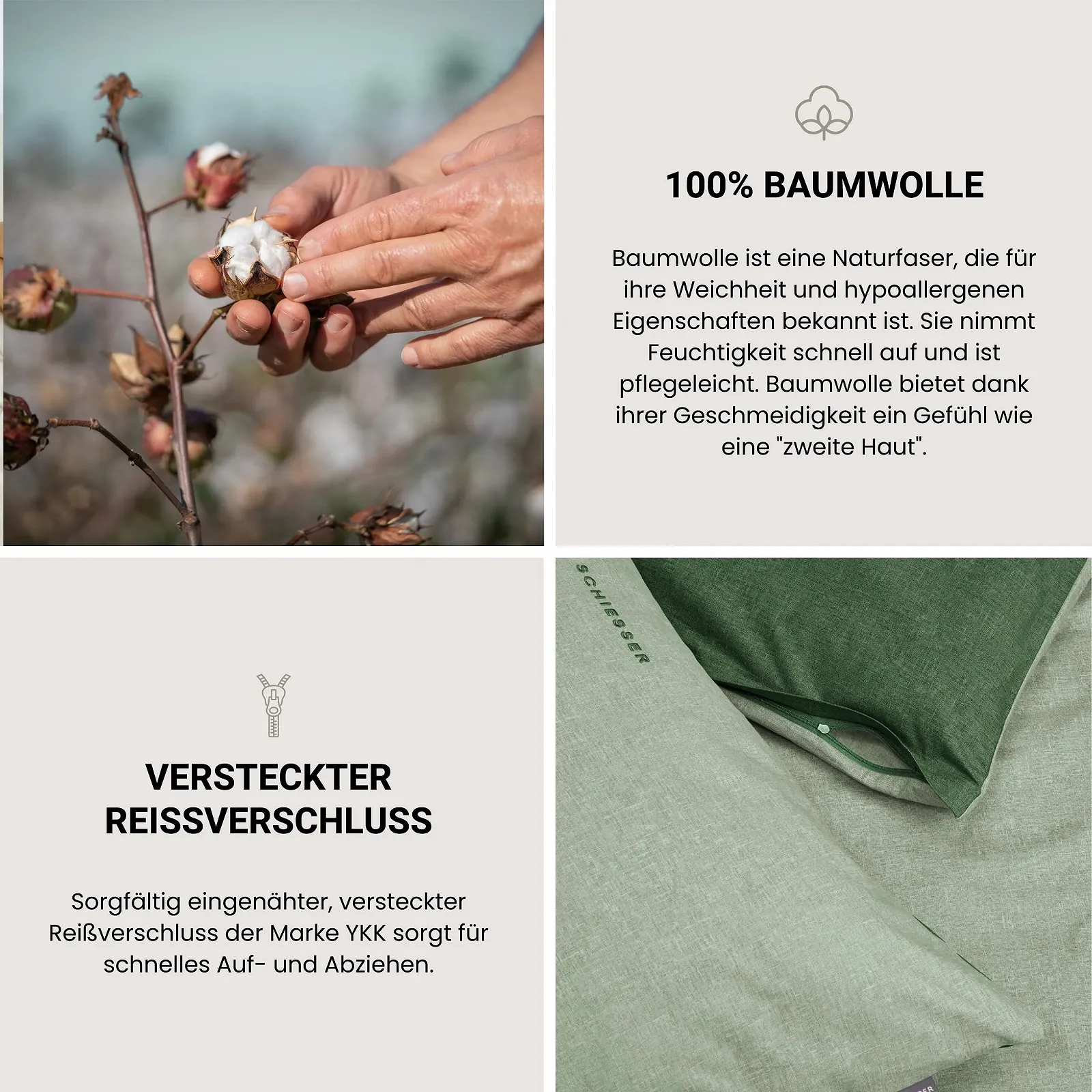 Комплект постільної білизни Schiesser Двосторонній 2 предмети Renforcé 100% Бавовна Oeko-Tex На блискавці 135 х 200 см + 80 х 80 см Зелений, фото №3