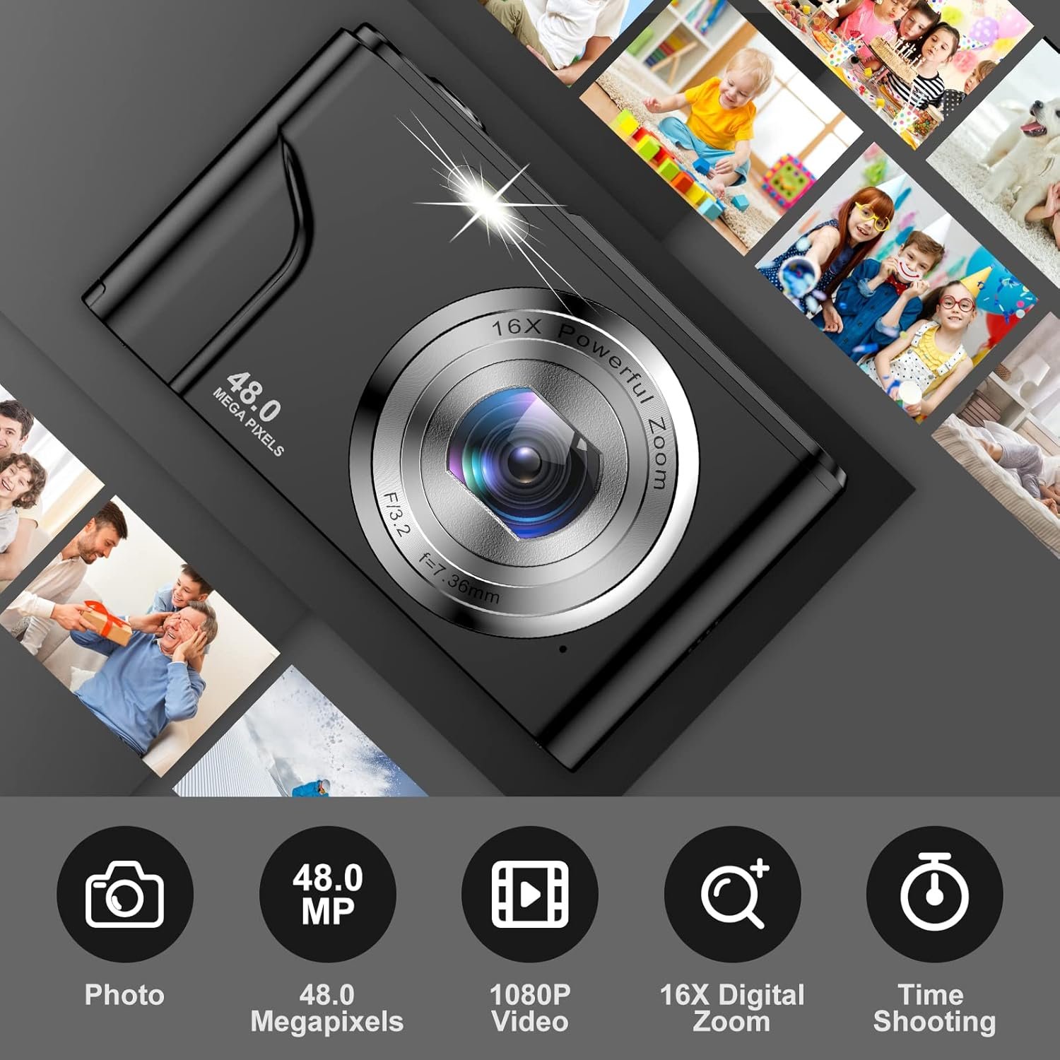Фотоапарат KOASDVS Compact Autofocus 48Мп / CMOS / FHD 1080P 30fps / 16Х цифровий зум / Bluetooth / Чорний (B0B31N3VV2), фото №3