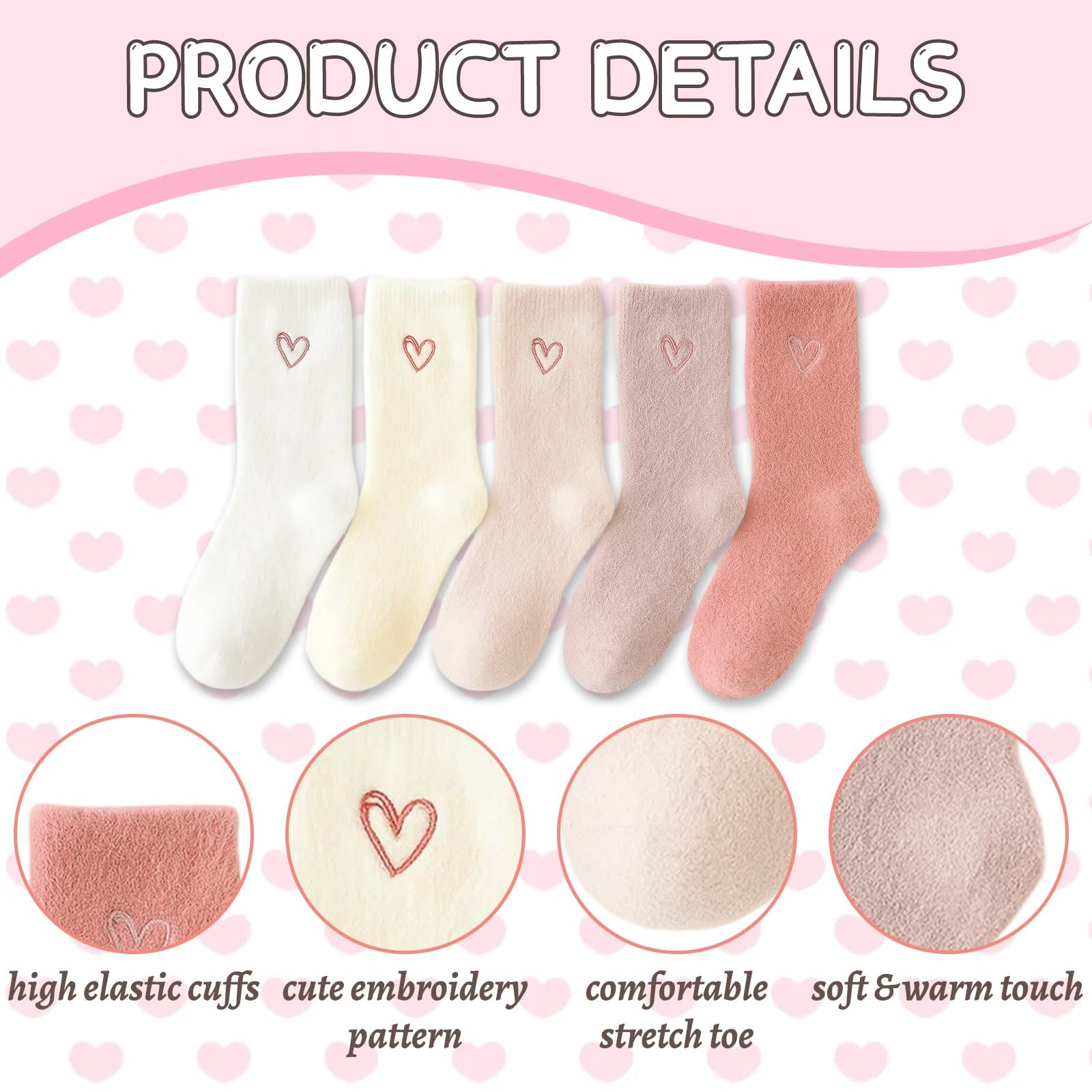 Мягкие носки Женские 39-42, Зимние носки Женские, 5 пар пушистых носков розового, белого и бежевого цветов, Мягкий материал, 26 x 8 см, фото №3
