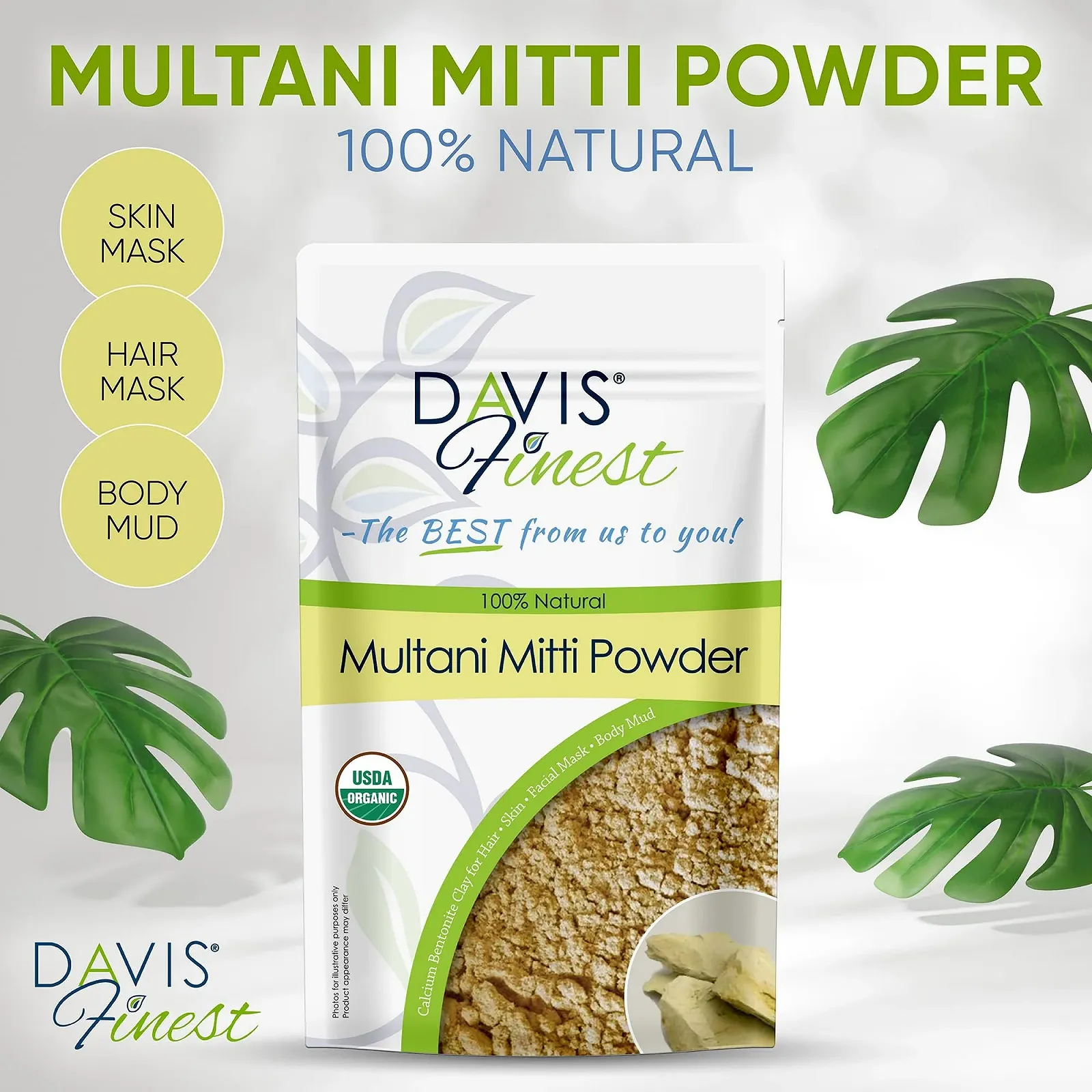 Глина для обличчя Davis Finest Organic Multani Mitti Indian Healing Clay, Fullers Earth 250г, фото №2