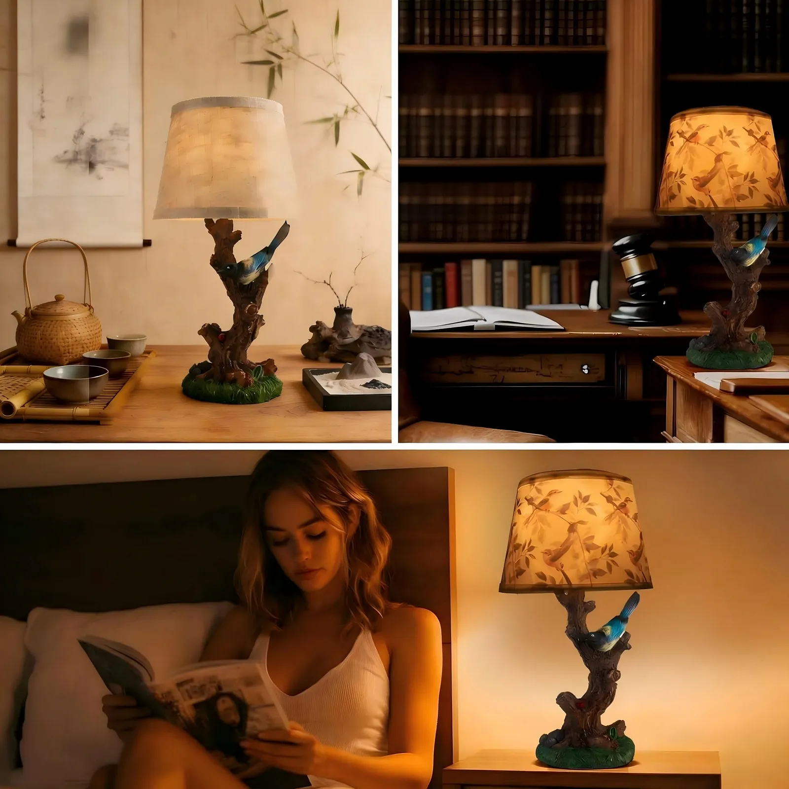 Настільна лампа приліжкова FIRVRE в стилі кантрі E27 з вимикачем квітковий та пташиний мотив і змінний лляний абажур, фото №6