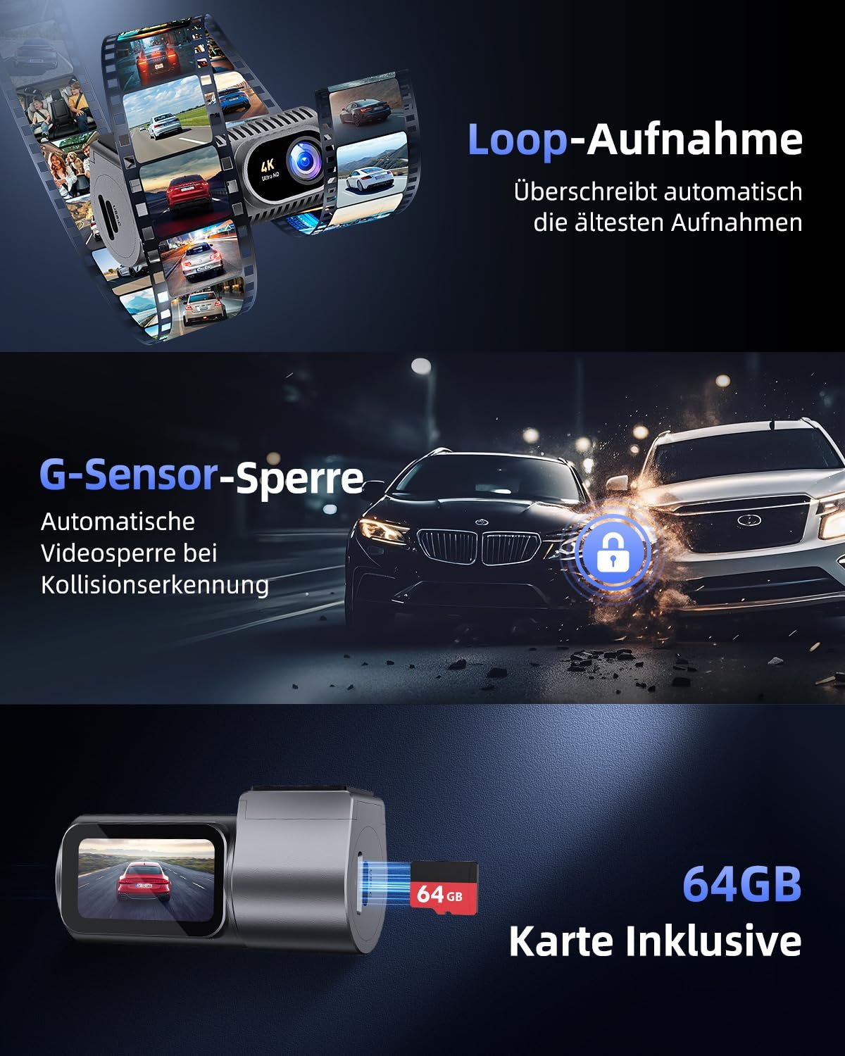 Відеореєстратор CIEVIE 4K, 1.5" IPS дисплей, 5G WiFi, карта 64GB, поворот на 360, фото №7