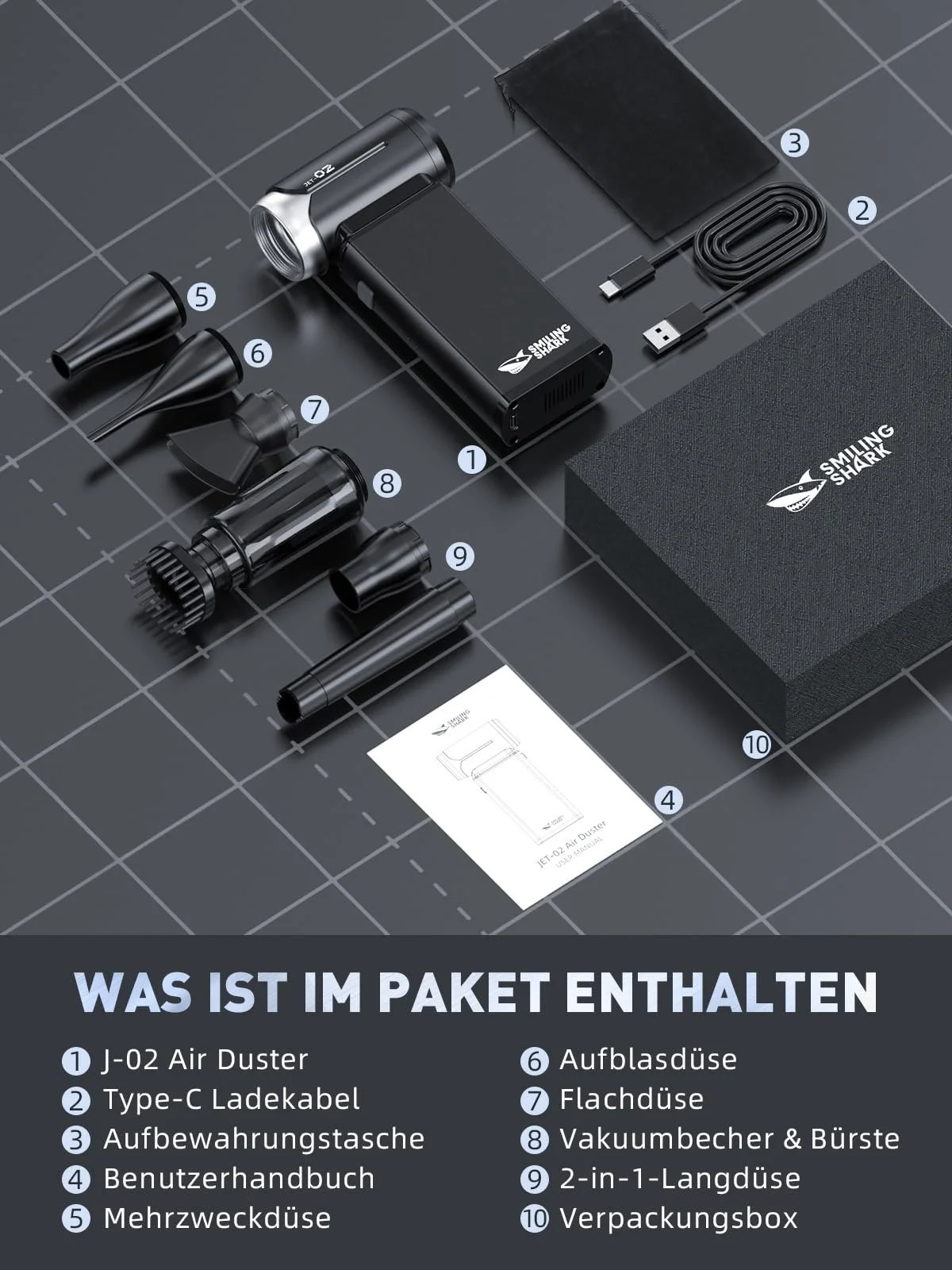 Електрична повітродувка Smiling Shark J02 Super Power 150,000 rpm 8000 mAh Чорний, фото №7 Електрична повітродувка Smiling Shark J02 Super Power 150,000 rpm 8000 mAh Чорний, фото №7