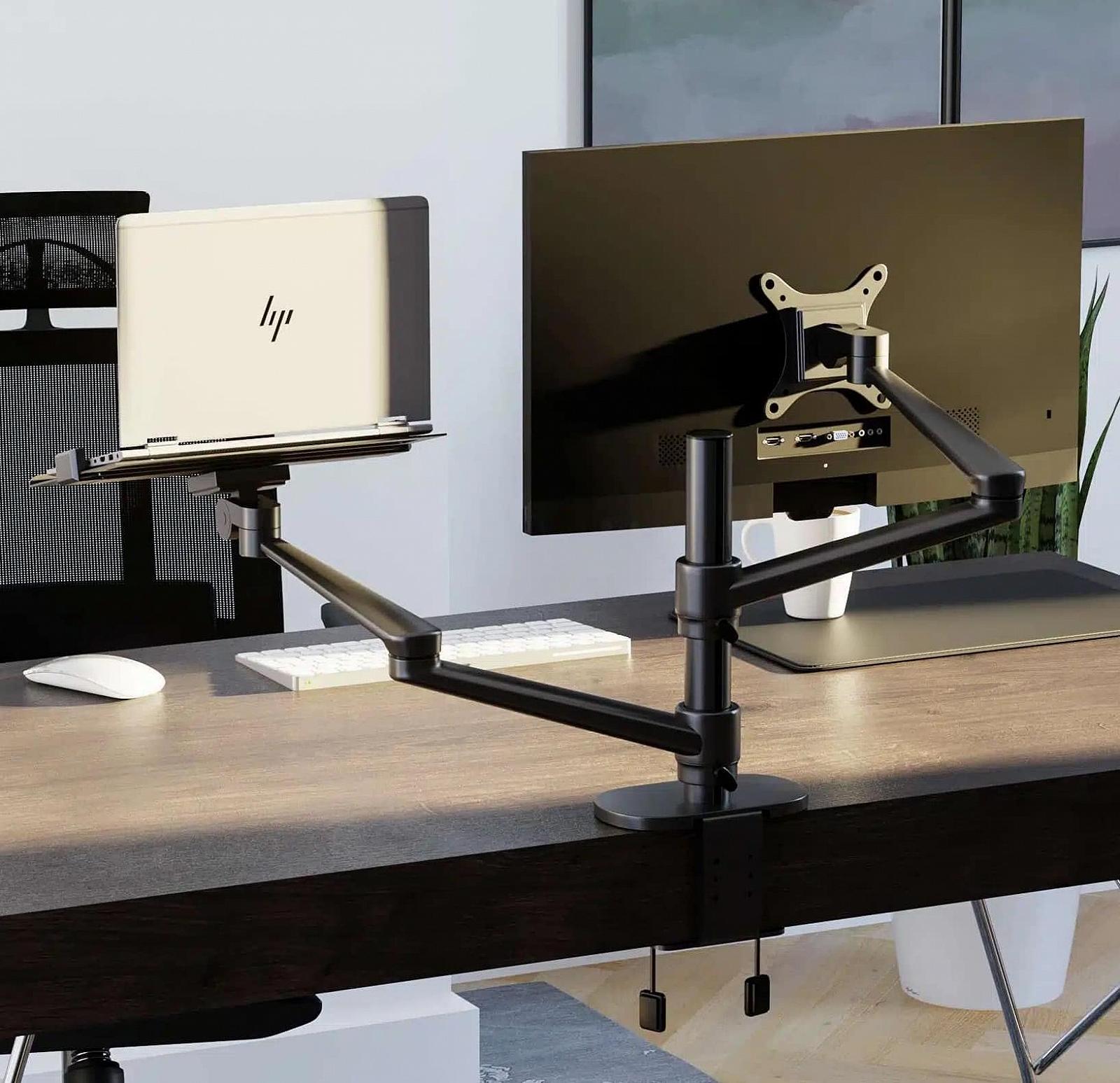 Держатель 2-в-1 для ноутбука и монитора Alberenz Регулируемый двойной кронштейн для ноутбуков 12-17 дюймов и мониторов 17-32 дюйма Эргономичный дизайн Регулируемая высота и наклон Черный, фото №3 Держатель 2-в-1 для ноутбука и монитора Alberenz Регулируемый двойной кронштейн для ноутбуков 12-17 дюймов и мониторов 17-32 дюйма Эргономичный дизайн Регулируемая высота и наклон Черный, фото №3