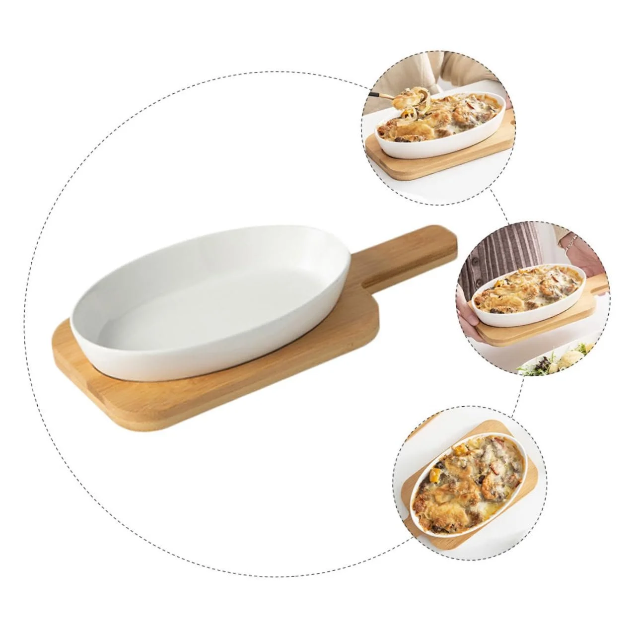 Форма для запікання керамічна овальна з дерев'яною підставкою термостійка антипригарна, фото №5 Форма для запікання керамічна овальна з дерев'яною підставкою термостійка антипригарна, фото №5