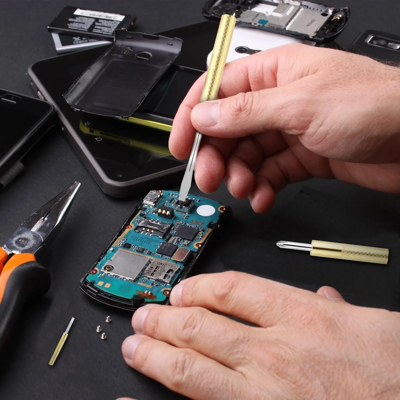 Мініатюрний молоток і набір викруток 6-в-1 для годинників золото, фото №5