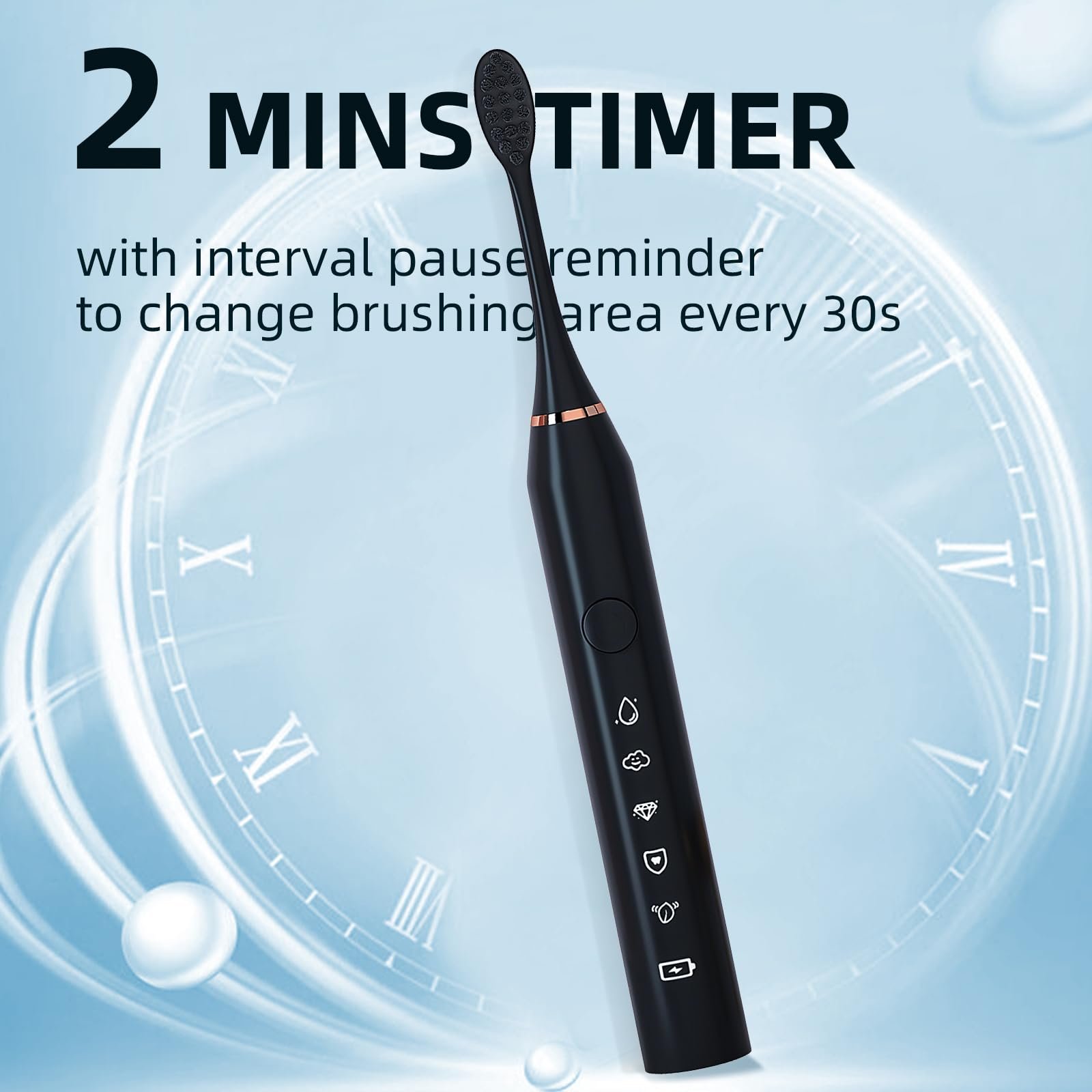 Електрична звукова зубна щітка Y-Kelin Dupont, таймер на 2 хвилини, 5 режимів чищення з функцією відбілювання Чорна, фото №5