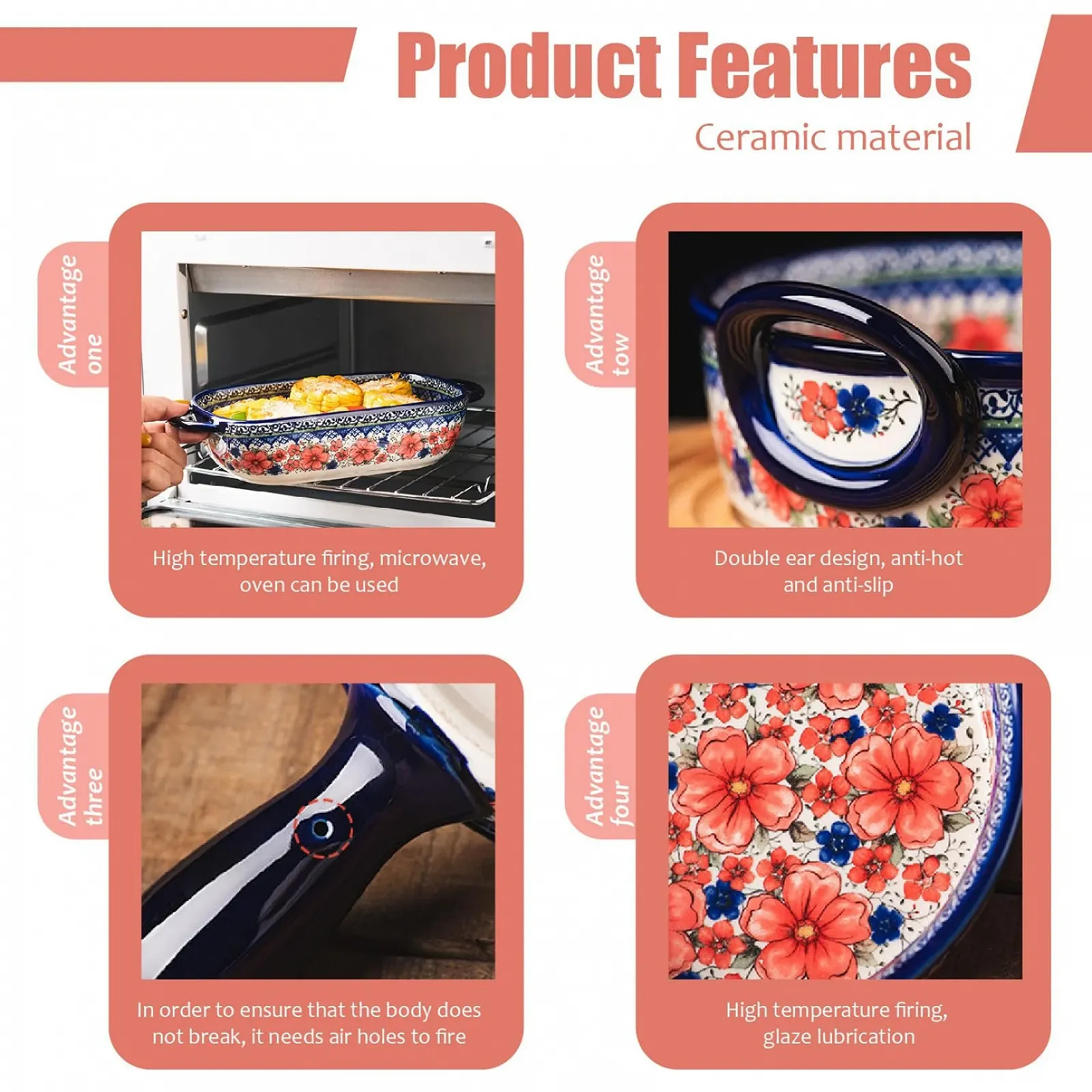 Форма для запікання керамічна 730 мл прямокутна з подвійними ручками та квітковим принтом, фото №2