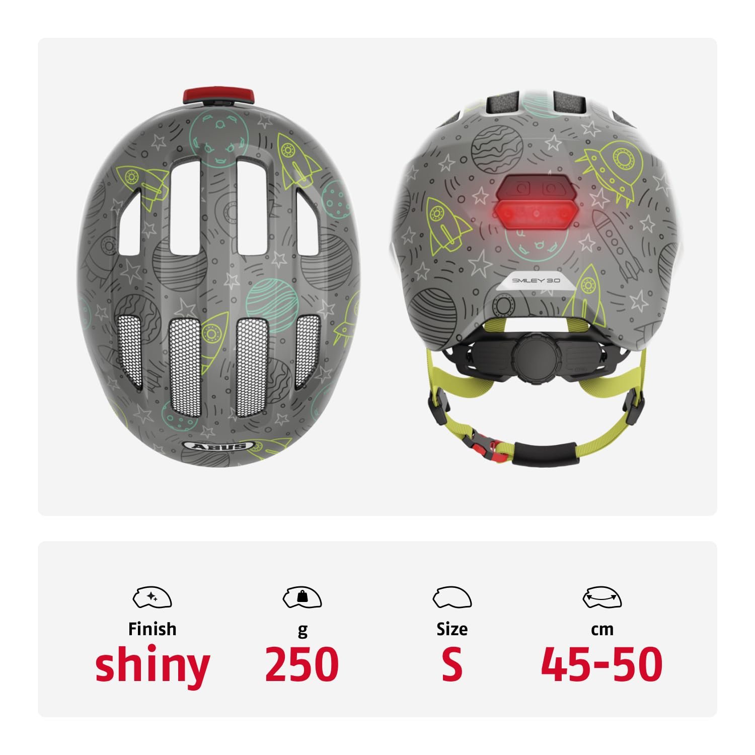 Дитячий Велосипедний Шолом ABUS Smiley 3.0 LED, Сірий з Візерунком, Розмір S (45-50 см), фото №6
