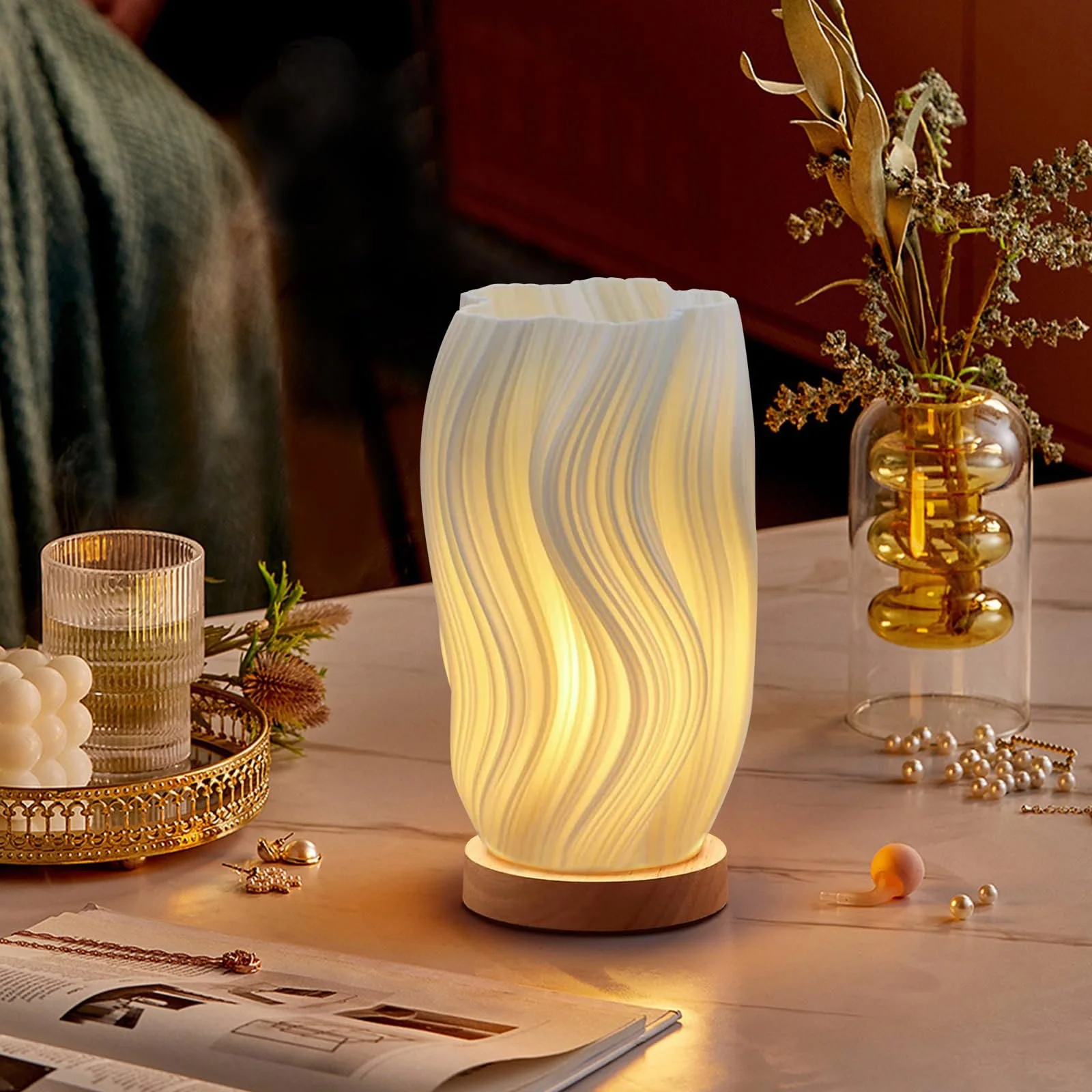 Настільна лампа 3D декор дерев'яна основа тримач для квітів 3000K Φ11x20,5 см, фото №7