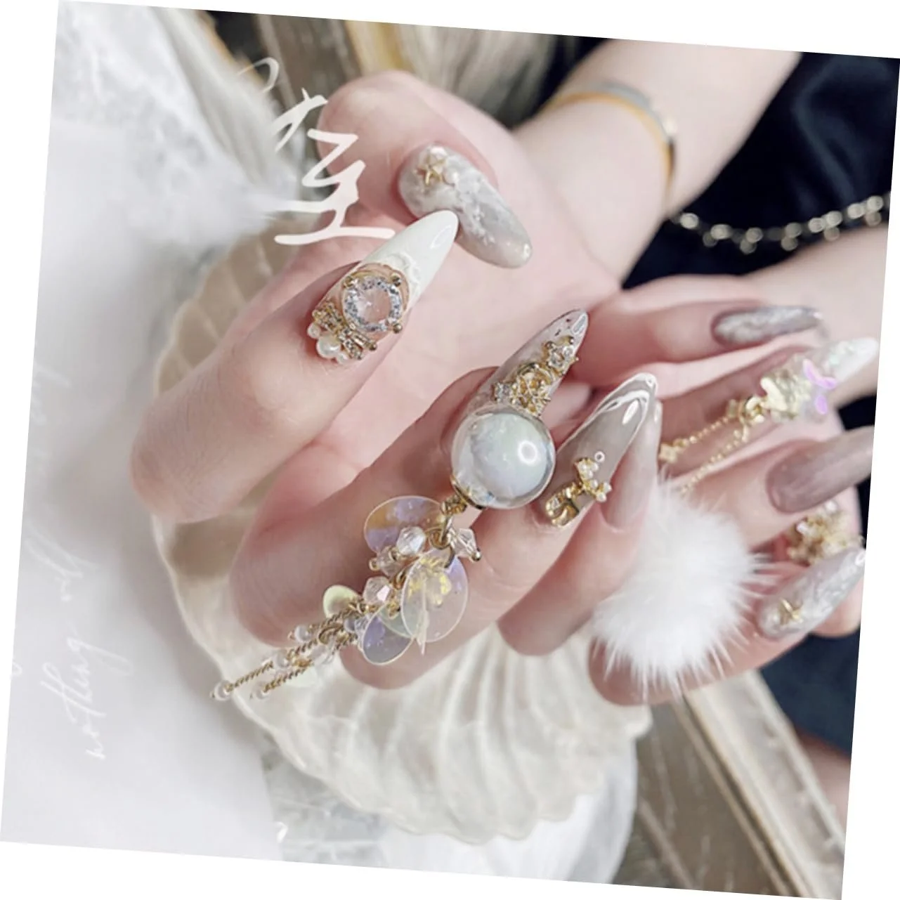 Украшение для ногтей Шар POPETPOP Хрустальный разноцветный, сверкающая цепочка с кисточками, жемчуг для маникюра разноцветный, фото №9