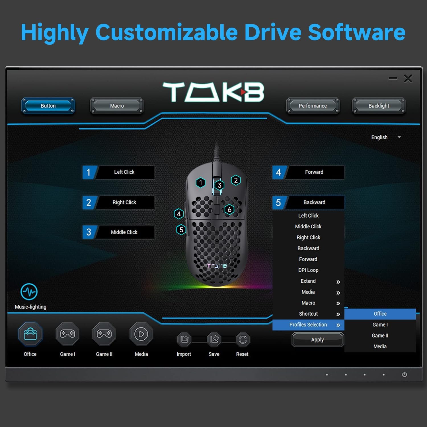 Миша TMKB M1se ігрова, оптичний сенсор 12800 DPI, 6 програмованих кнопок, сотова, регульована RGB підсвітка, паракорд, ергономічна, чорна, фото №7