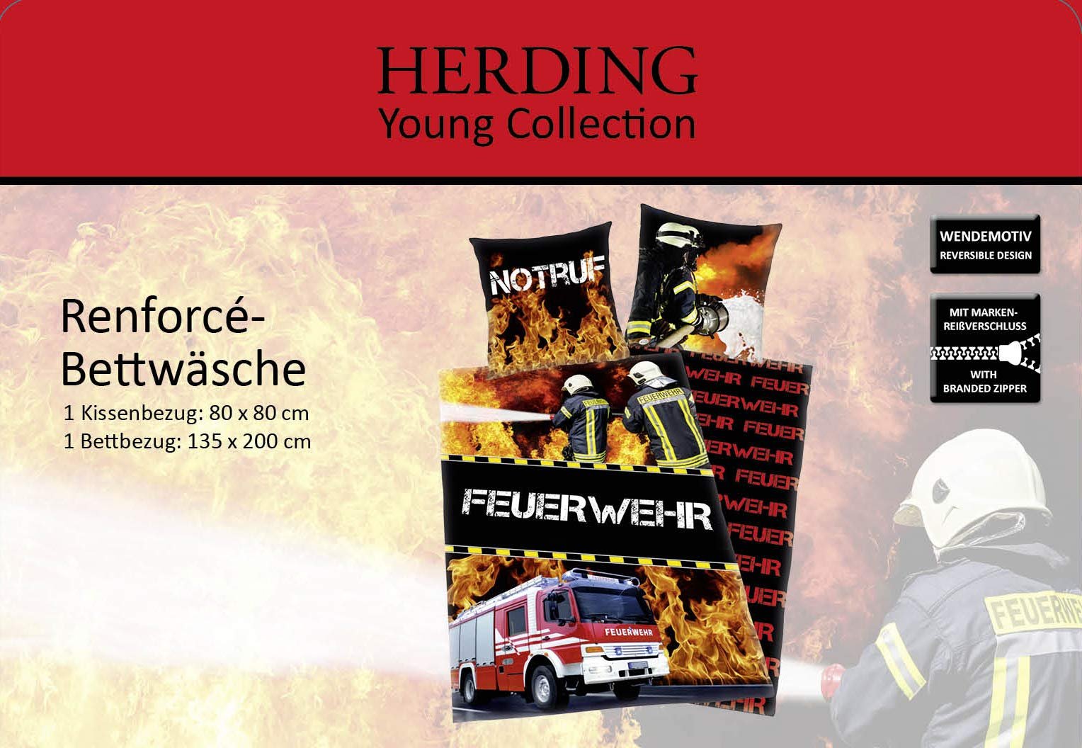 Комплект постільної білизни Herding Young Collection, мотив «Пожежна команда», двосторонній, підковдра 135 x 200 см, наволочка 80 x 80 см, бавовна/рефорсé, різнокольоровий, фото №6