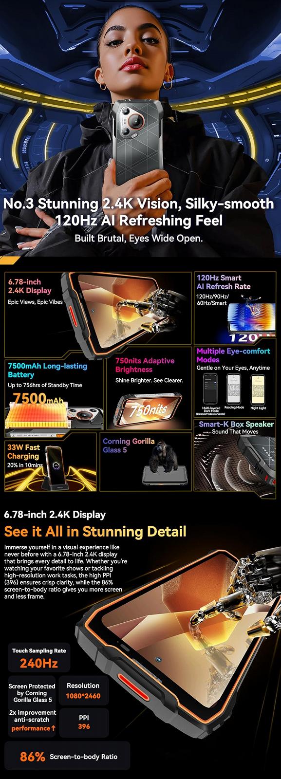 Защищенный смартфон Blackview BL7000 8/256 ГБ 6.78" 120 Гц 7500 мАч IP68/IP69K 50 Мп 5G Dual SIM Orange, фото №8