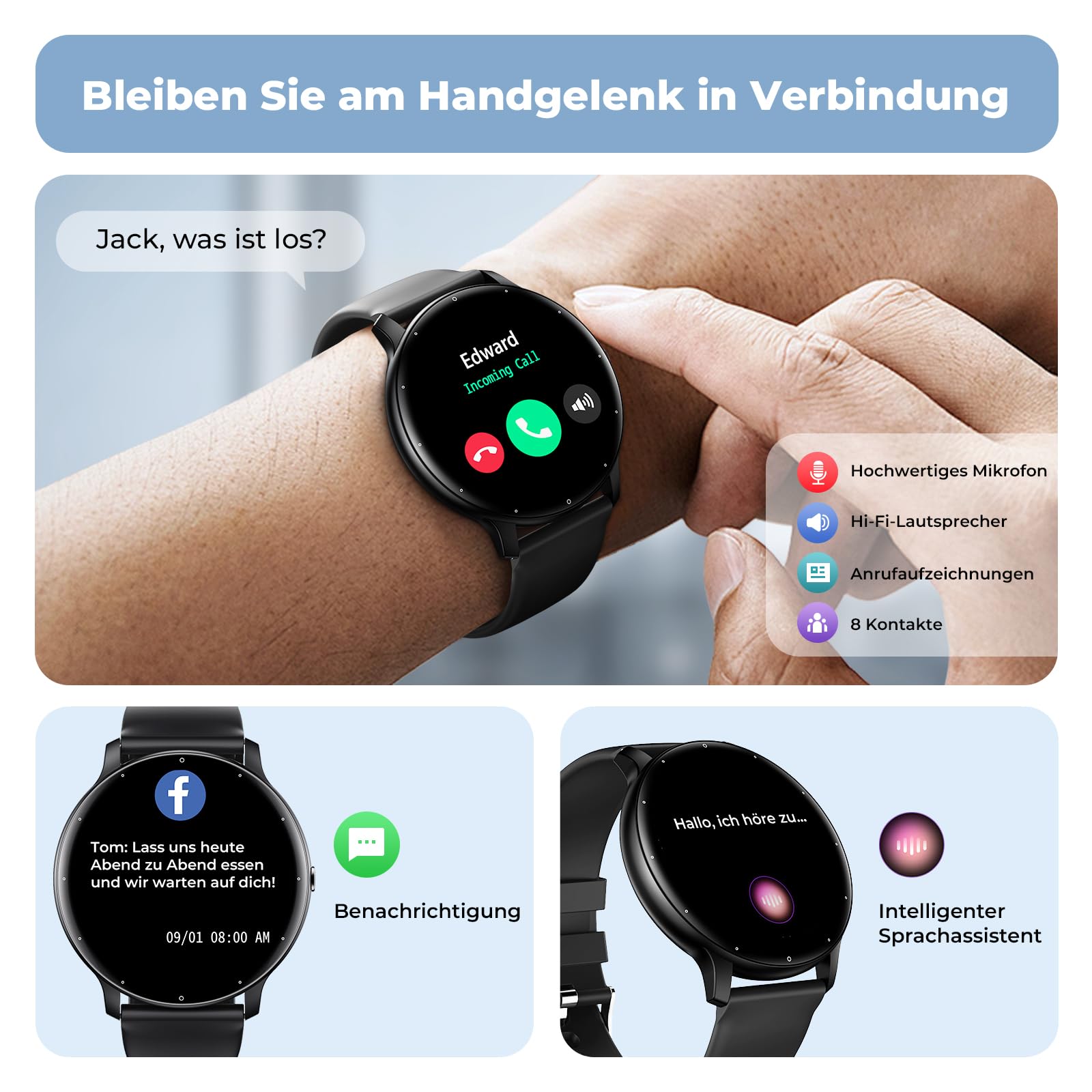 Смарт-часы TIFOZEN Connect Мужские с Bluetooth, ассистентом сообщений, голосовым помощником, воспроизведением музыки, 1,39 дюйма, монитором сердечного ритма / SpO2 / Sommeil, для Android iOS, черные, фото №2