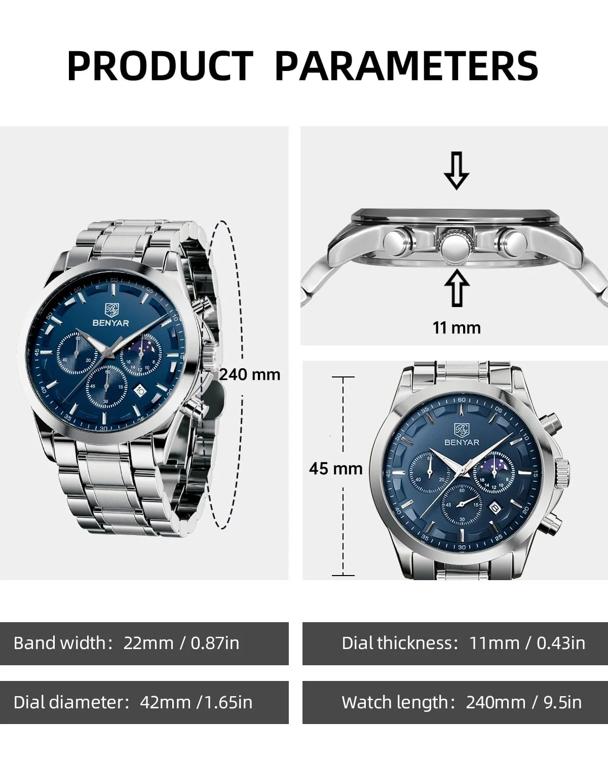 Чоловічий годинник Benyar Хронограф Аналоговий Кварцовий, фото №5