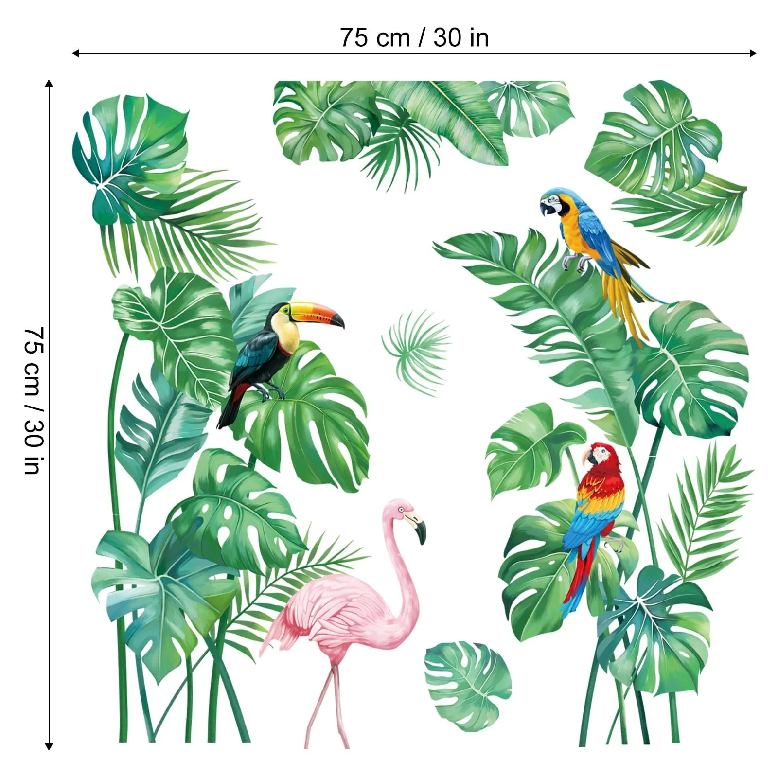 Наклейки на стіну Тропічне листя Пальма Папуга Фламінго Зелені, фото №4