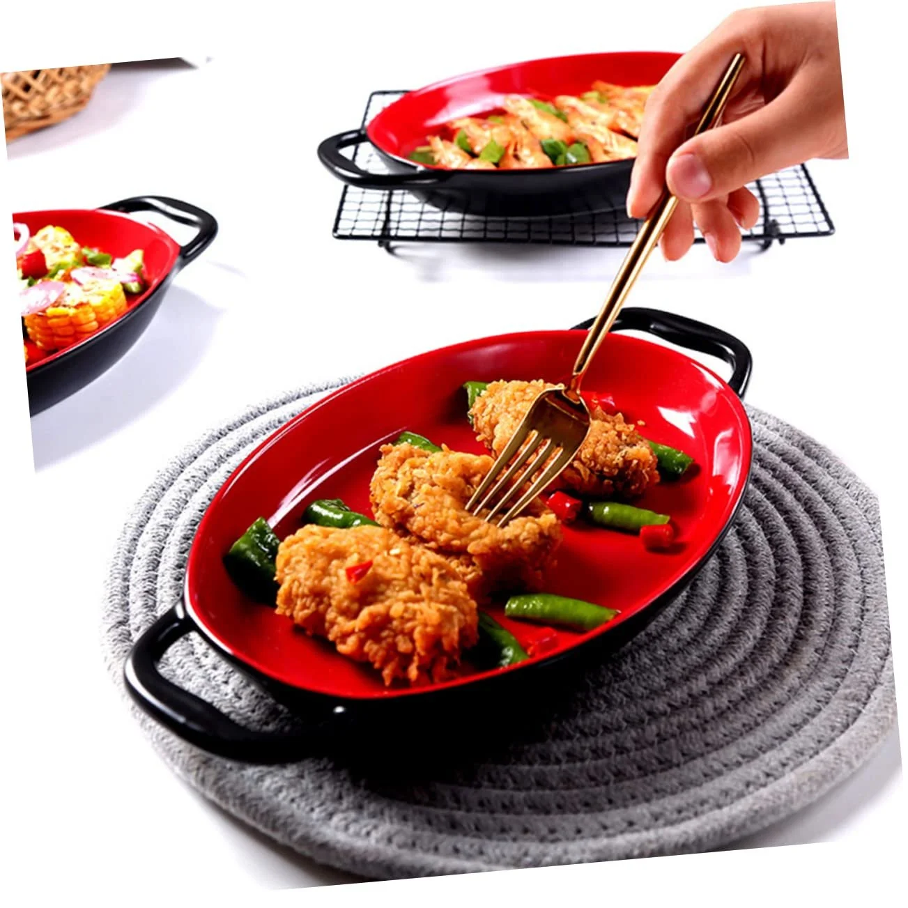 Керамическая форма для запекания с двойными ручками, термостойкая, красно-черный мрамор, фото №8