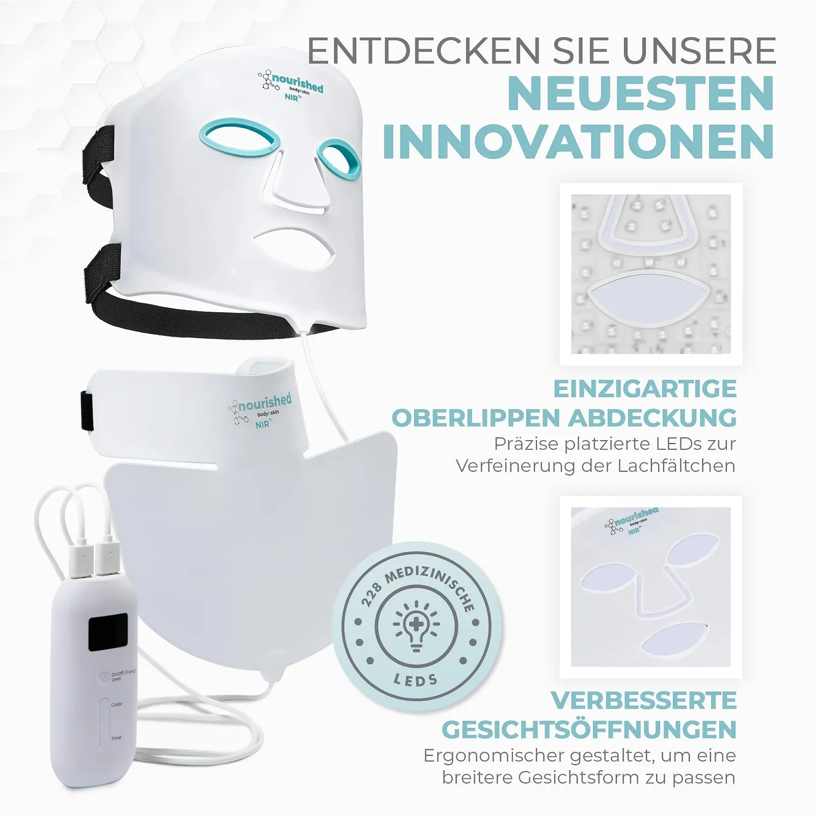 LED Маска для обличчя та шиї Nourished Bodynskin 7 кольорів з ближнім інфрачервоним випромінюванням, фото №7