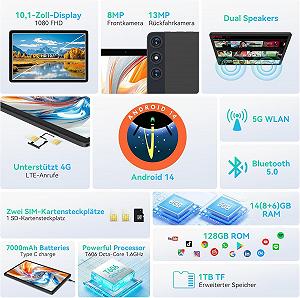 Планшет 10.1" FEONAL D106 (8+6)/128GB 4G 2 SIM 8 ядер Android 14 7000 mAh Черно-серый synthetic.ua - Фото 1